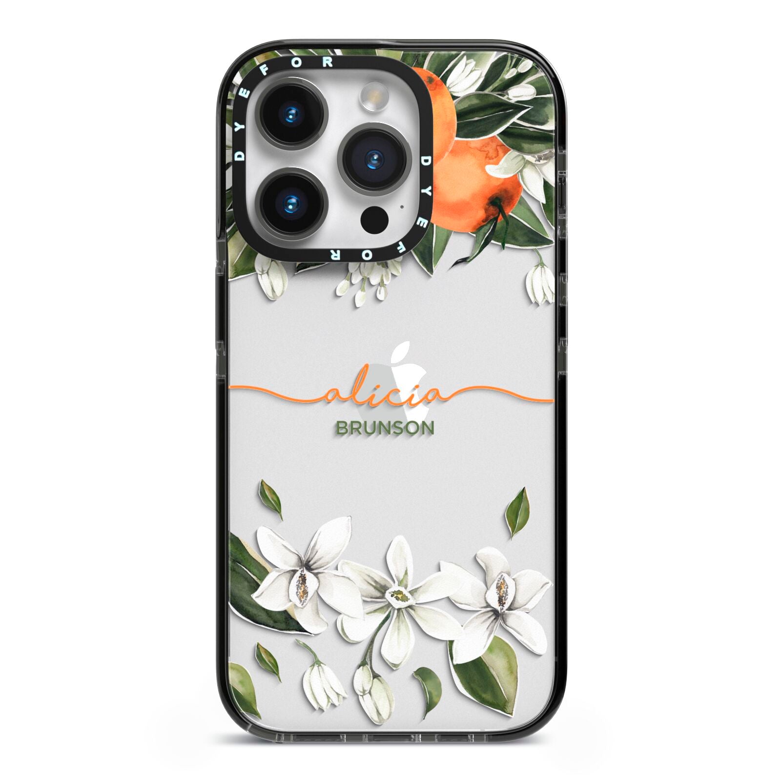 Personalised Orange Tree Wreath iPhone 14 Pro Black Impact Case on Silver phone