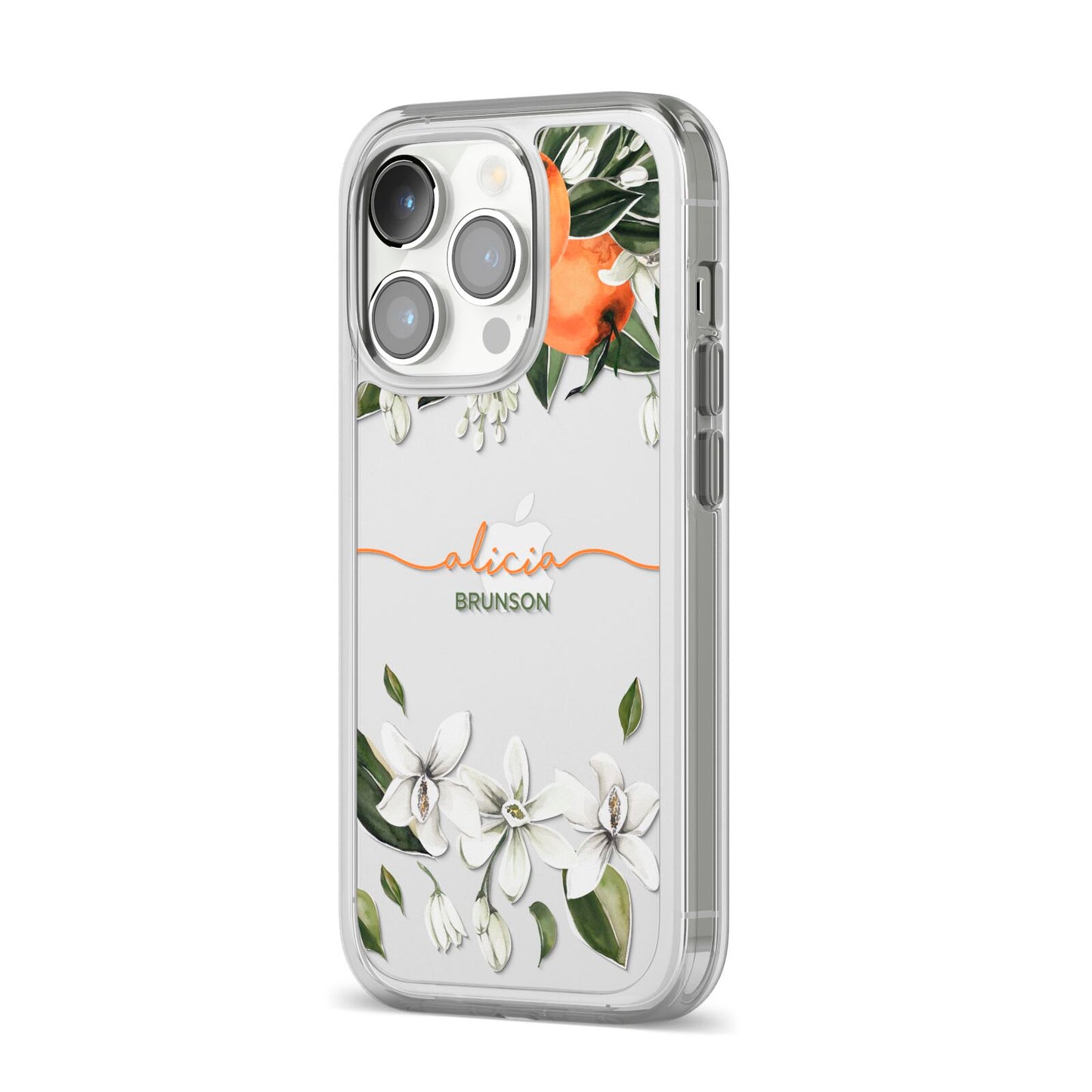 Personalised Orange Tree Wreath iPhone 14 Pro Clear Tough Case Silver Angled Image