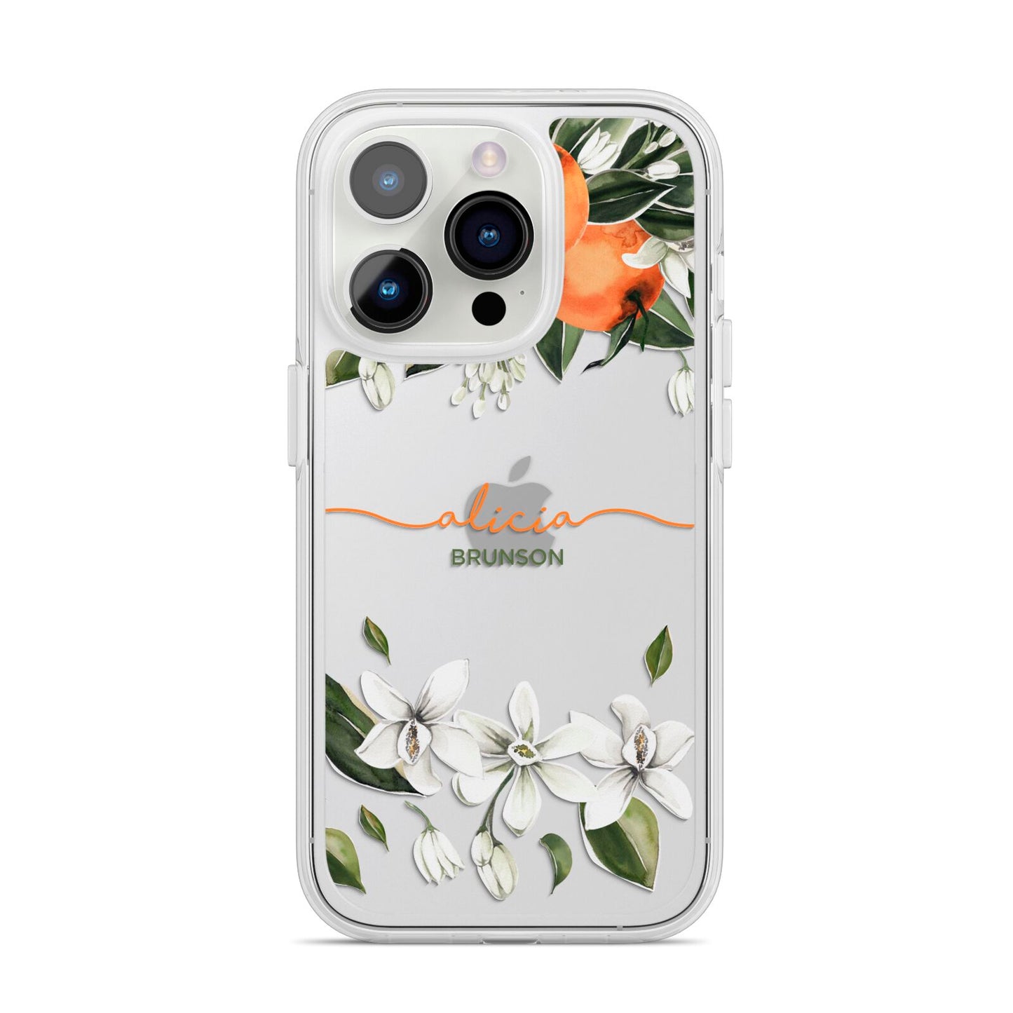 Personalised Orange Tree Wreath iPhone 14 Pro Clear Tough Case Silver