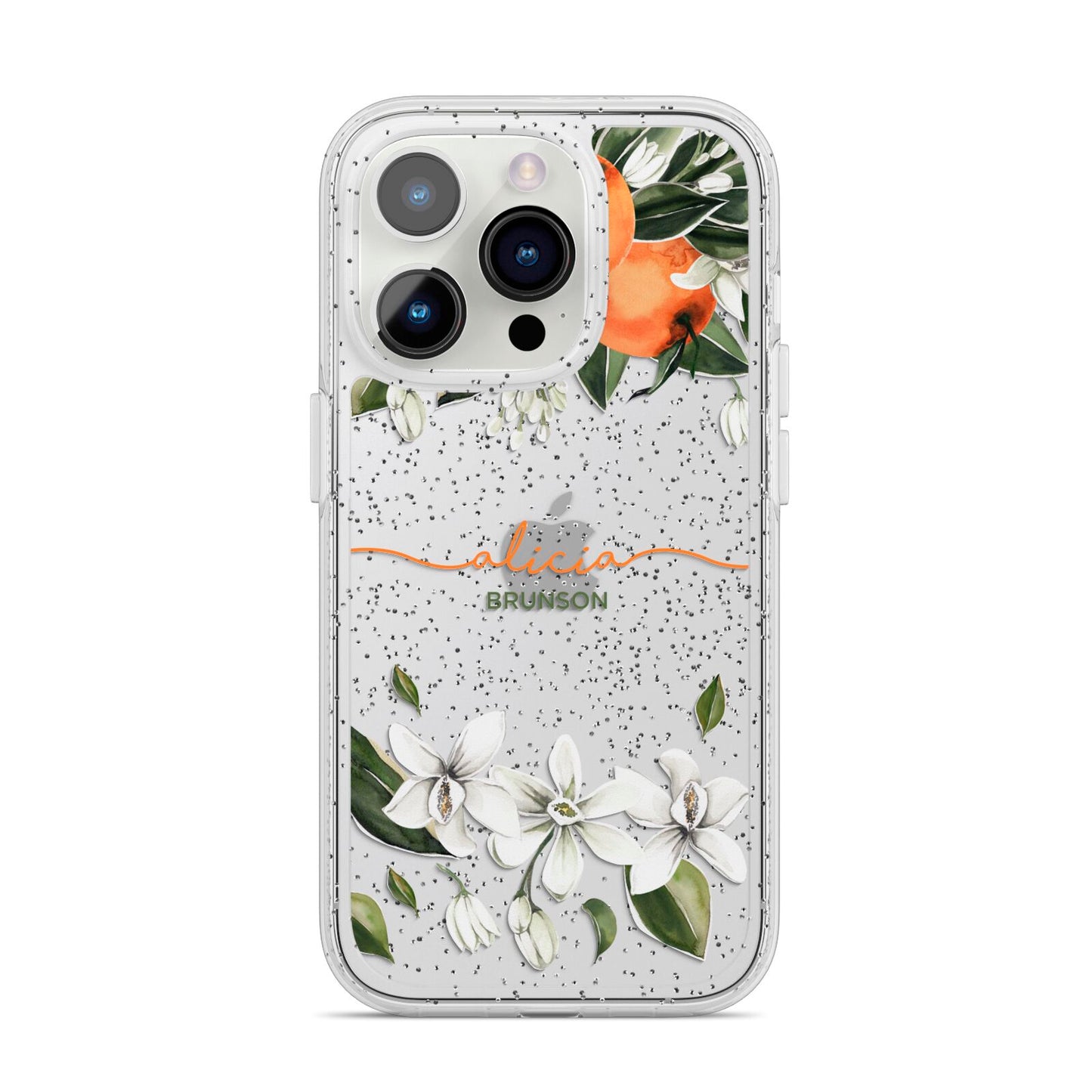 Personalised Orange Tree Wreath iPhone 14 Pro Glitter Tough Case Silver