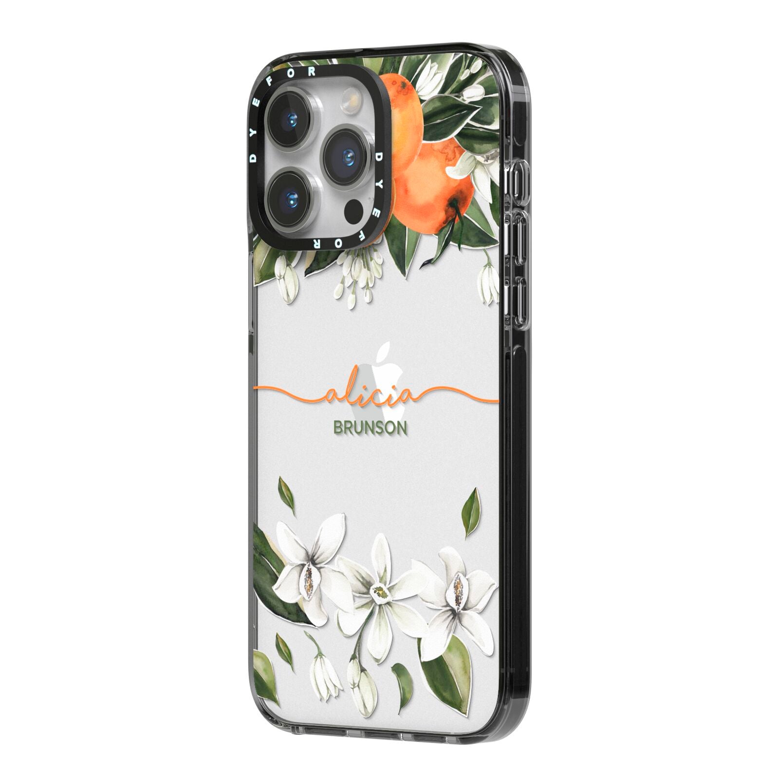 Personalised Orange Tree Wreath iPhone 14 Pro Max Black Impact Case Side Angle on Silver phone