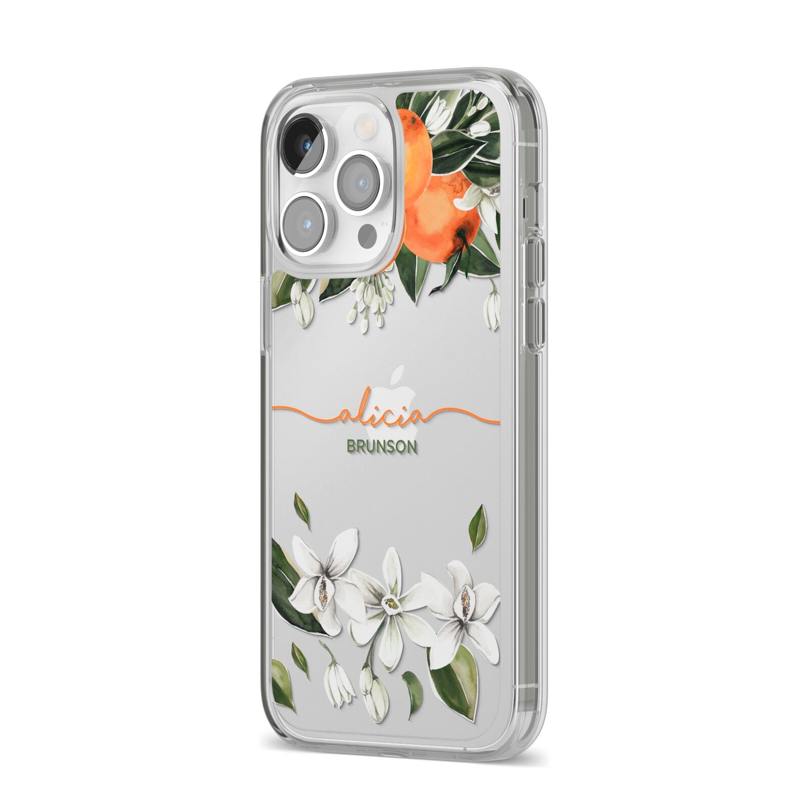 Personalised Orange Tree Wreath iPhone 14 Pro Max Clear Tough Case Silver Angled Image