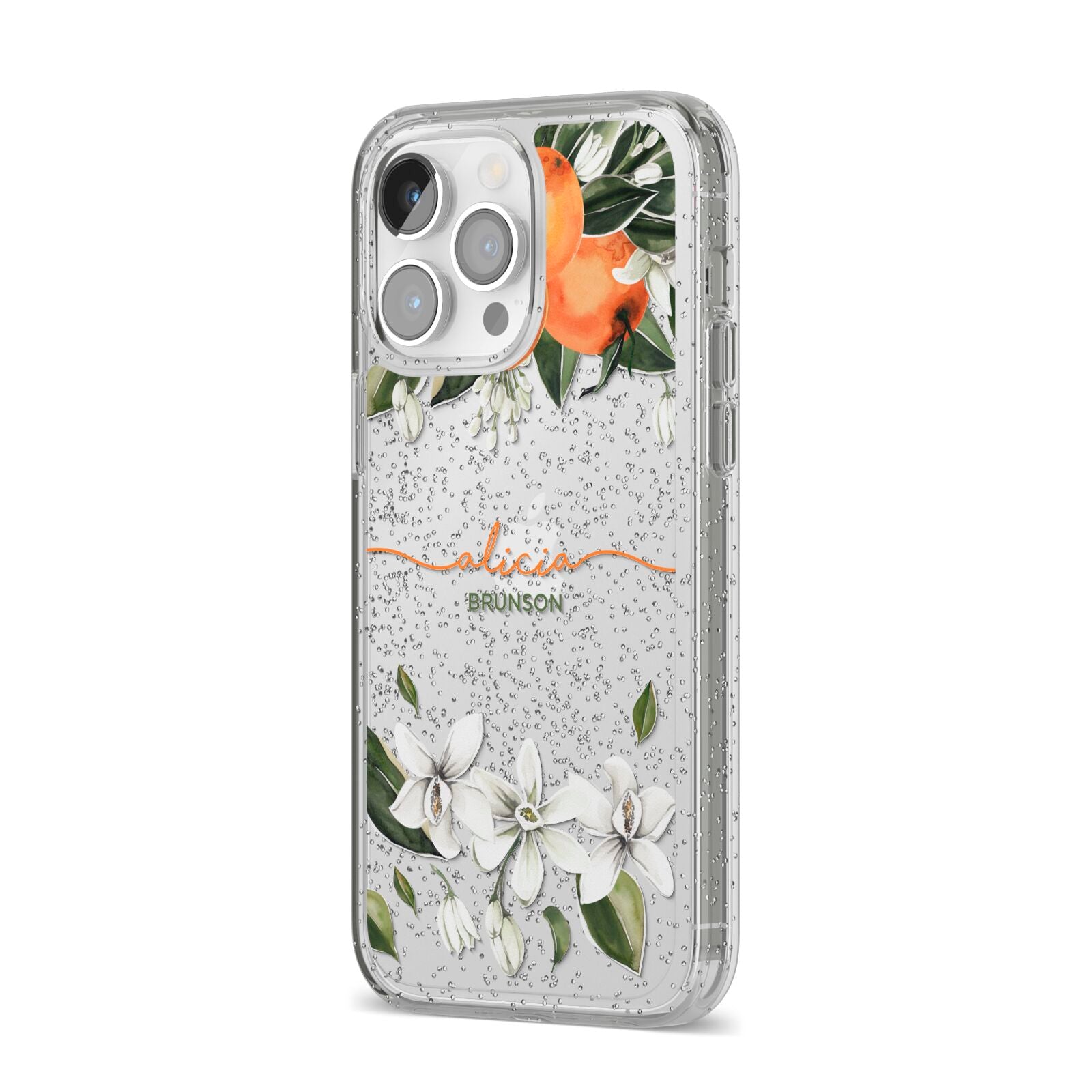 Personalised Orange Tree Wreath iPhone 14 Pro Max Glitter Tough Case Silver Angled Image