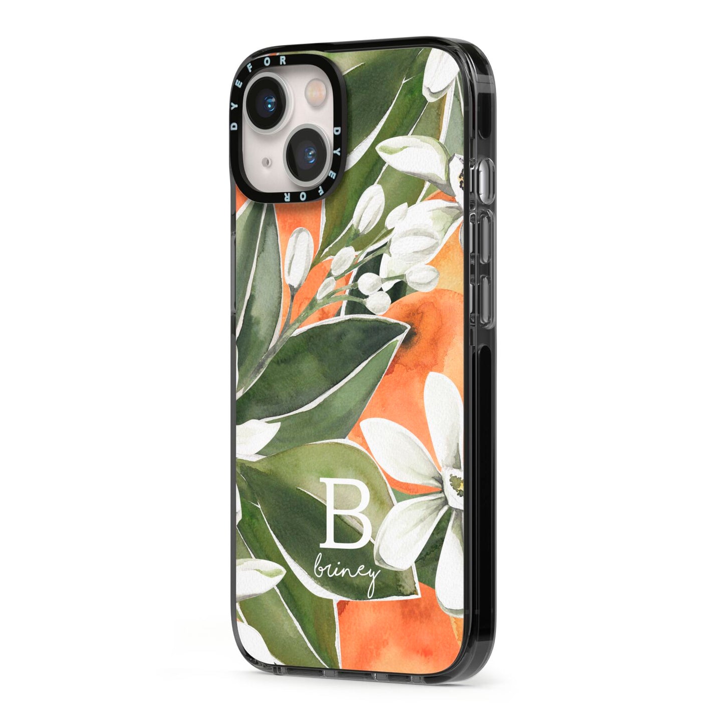 Personalised Orange Tree iPhone 13 Black Impact Case Side Angle on Silver phone