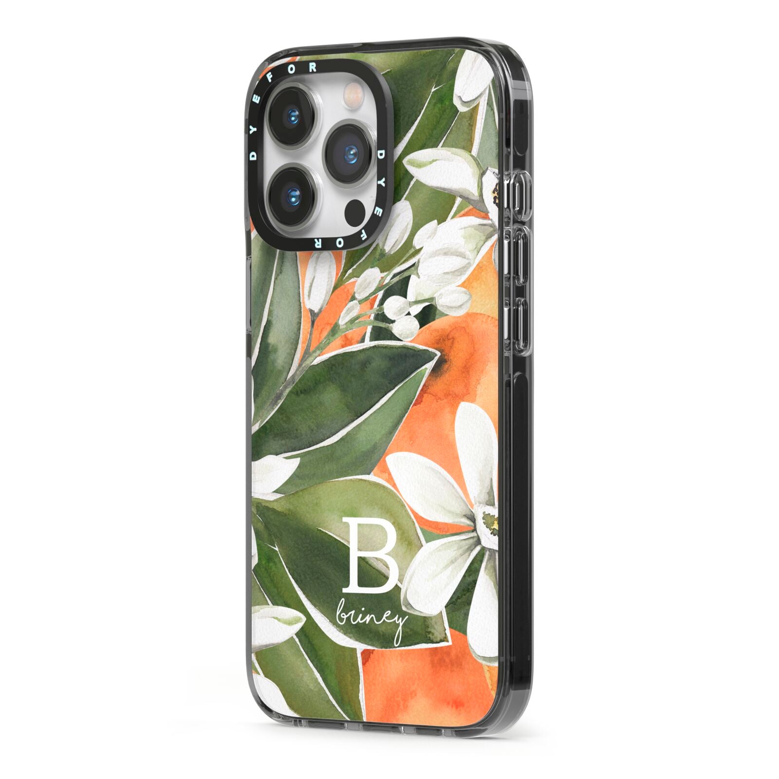 Personalised Orange Tree iPhone 13 Pro Black Impact Case Side Angle on Silver phone
