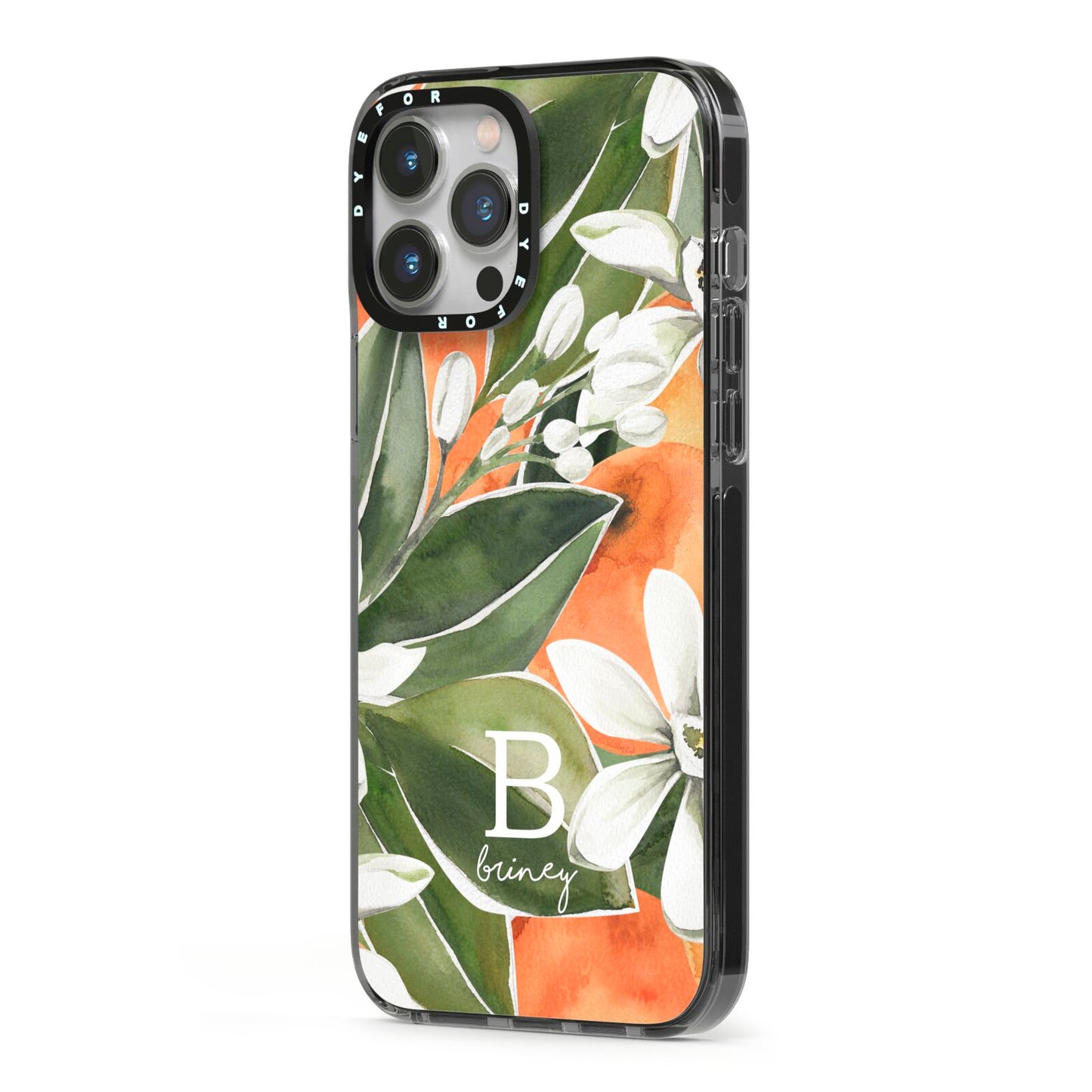 Personalised Orange Tree iPhone 13 Pro Max Black Impact Case Side Angle on Silver phone