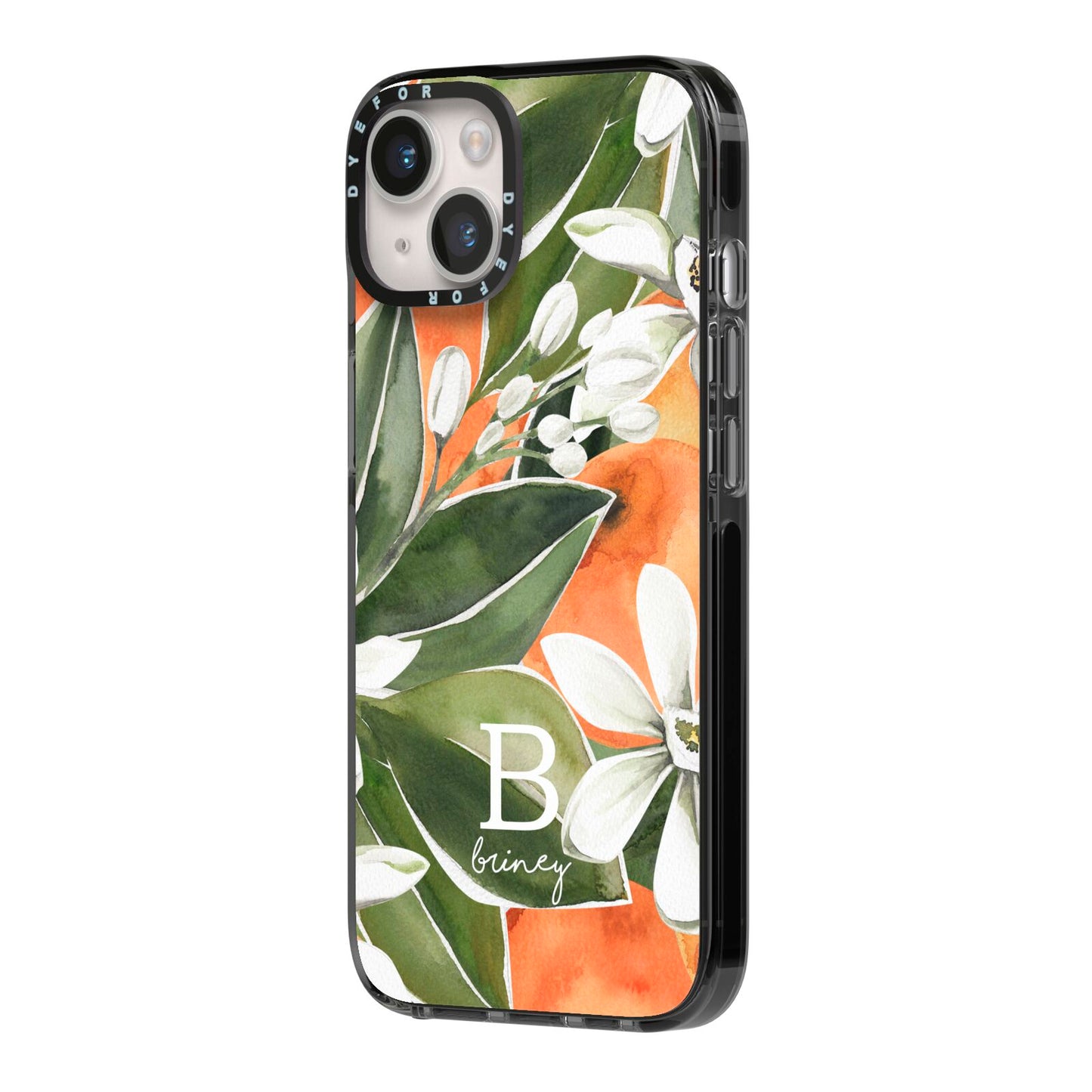 Personalised Orange Tree iPhone 14 Black Impact Case Side Angle on Silver phone