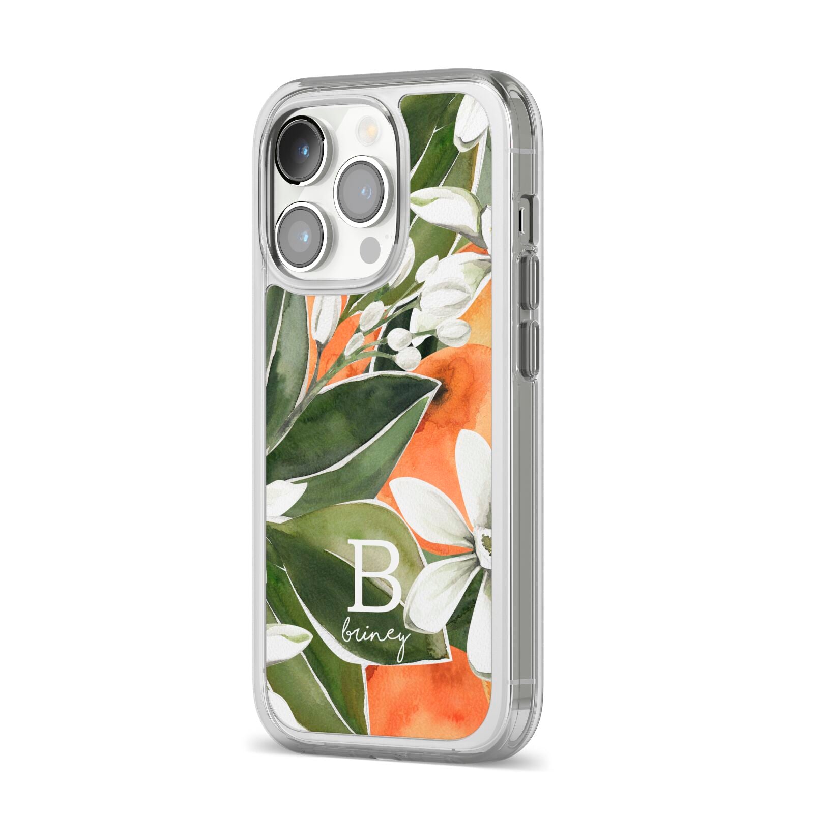 Personalised Orange Tree iPhone 14 Pro Clear Tough Case Silver Angled Image