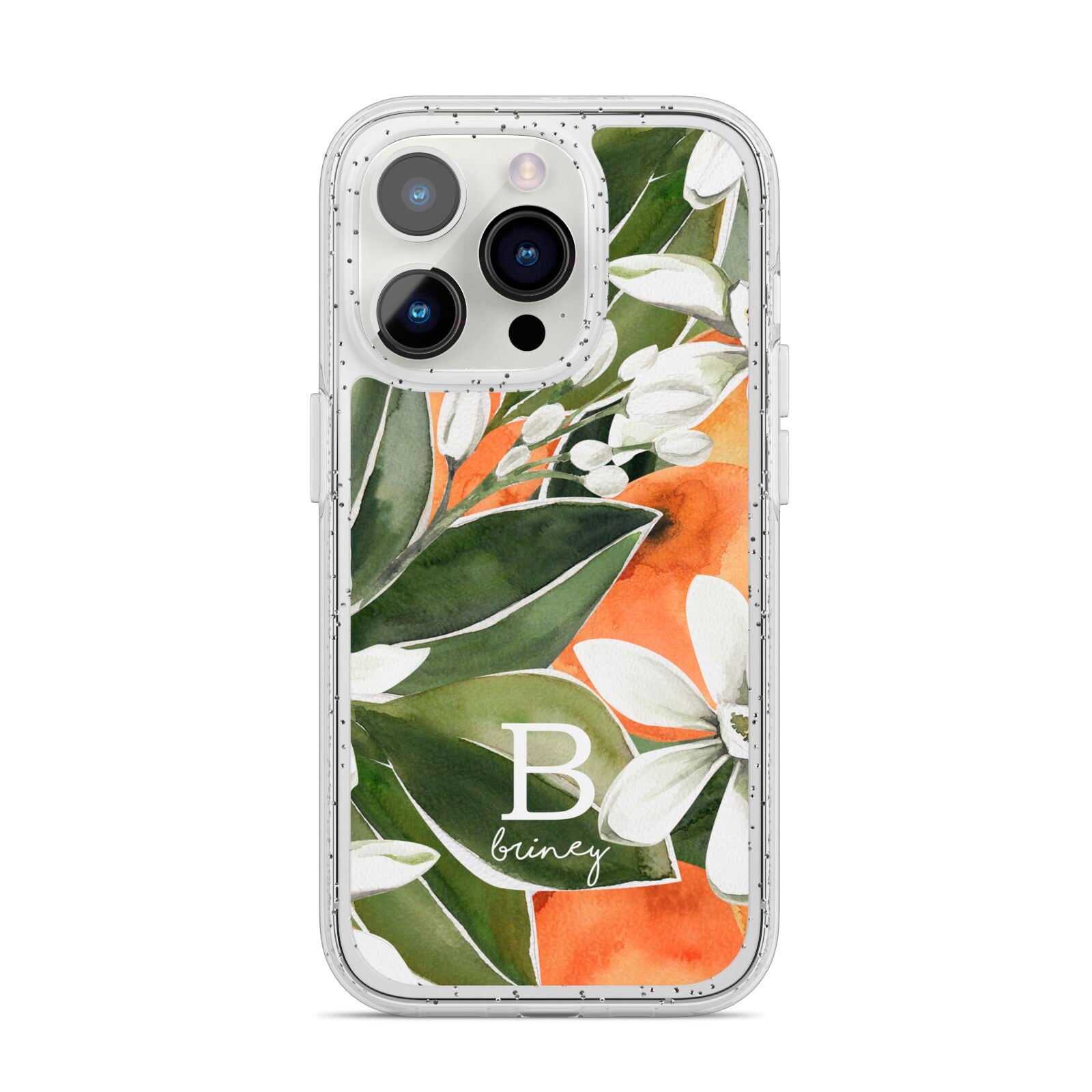 Personalised Orange Tree iPhone 14 Pro Glitter Tough Case Silver