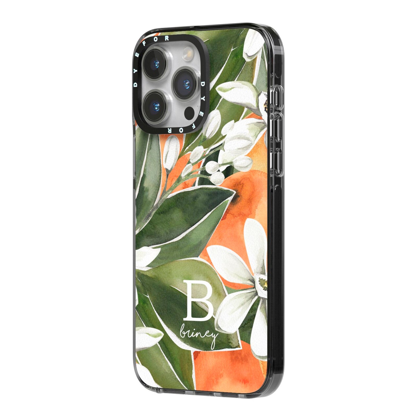 Personalised Orange Tree iPhone 14 Pro Max Black Impact Case Side Angle on Silver phone