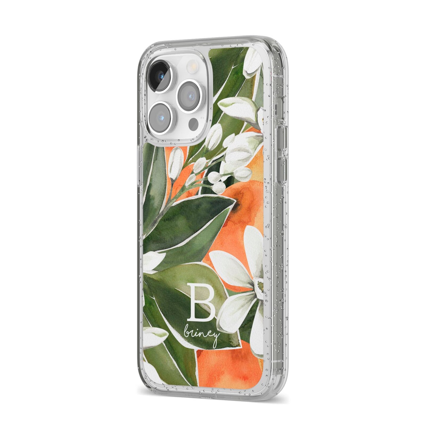 Personalised Orange Tree iPhone 14 Pro Max Glitter Tough Case Silver Angled Image