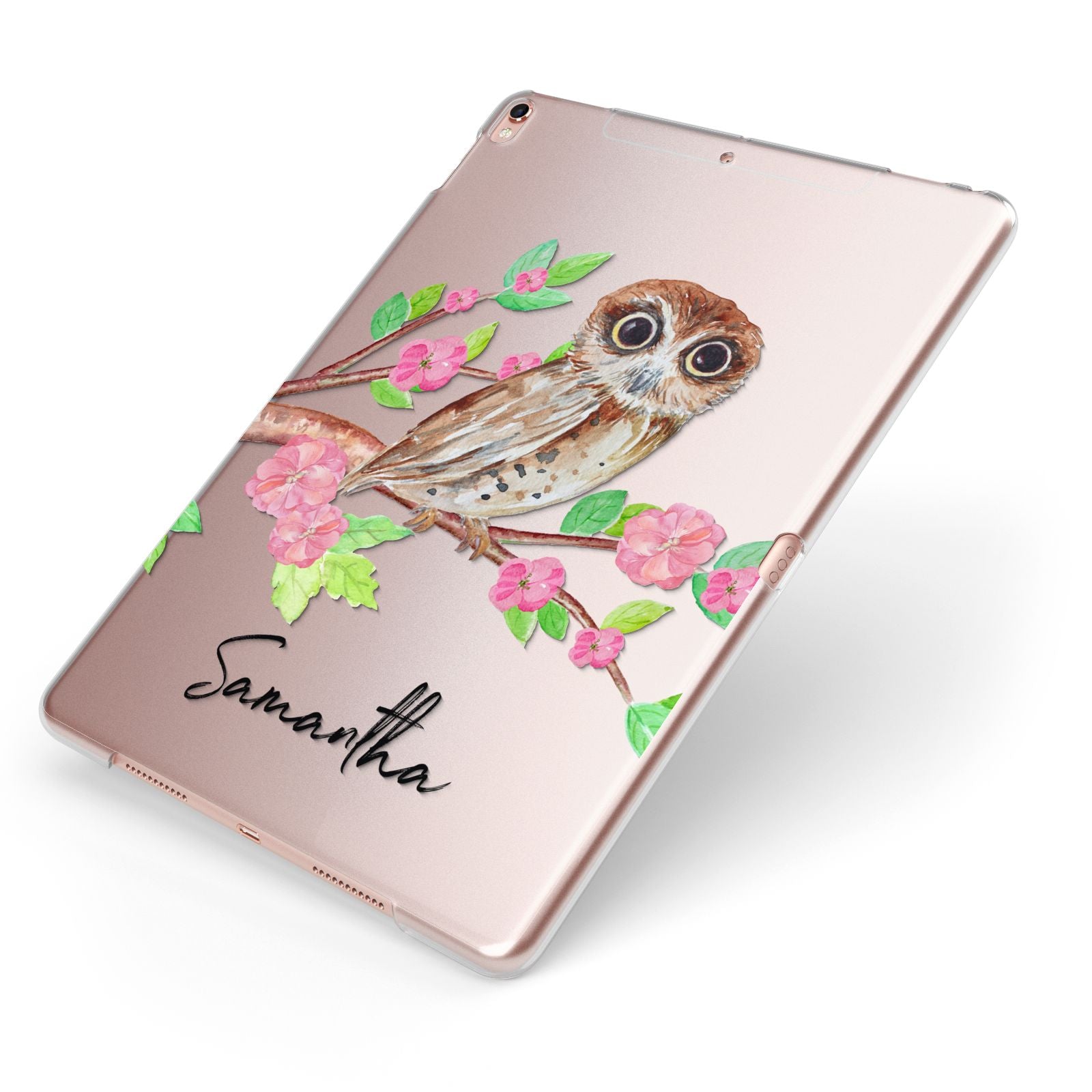 Personalised Owl Apple iPad Case on Rose Gold iPad Side View