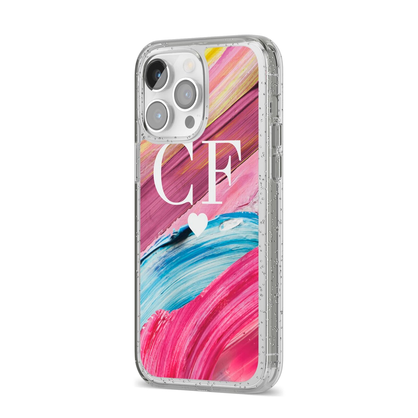 Personalised Paint Brush Initials iPhone 14 Pro Max Glitter Tough Case Silver Angled Image