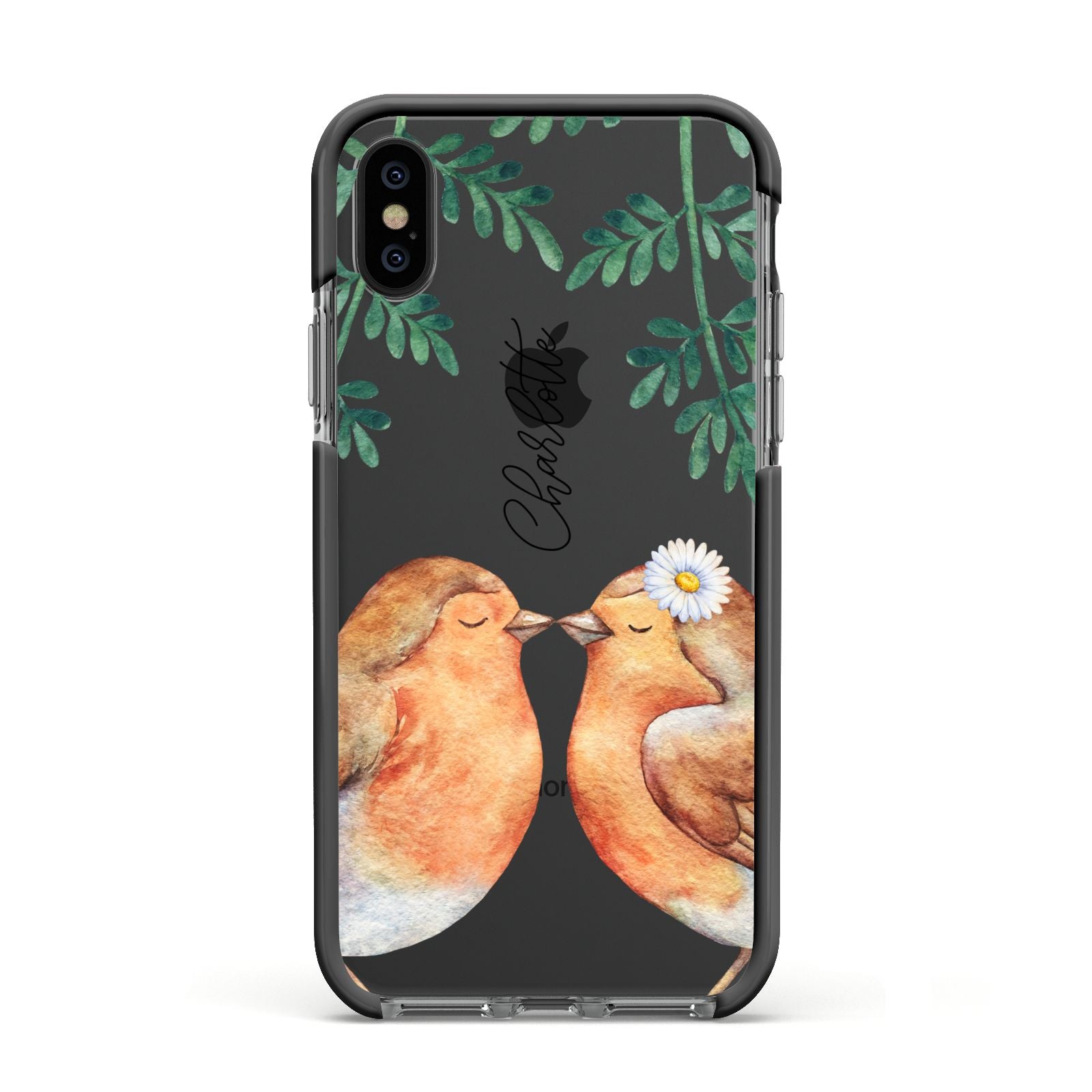 Personalised Pair of Robins Apple iPhone Xs Impact Case Black Edge on Black Phone