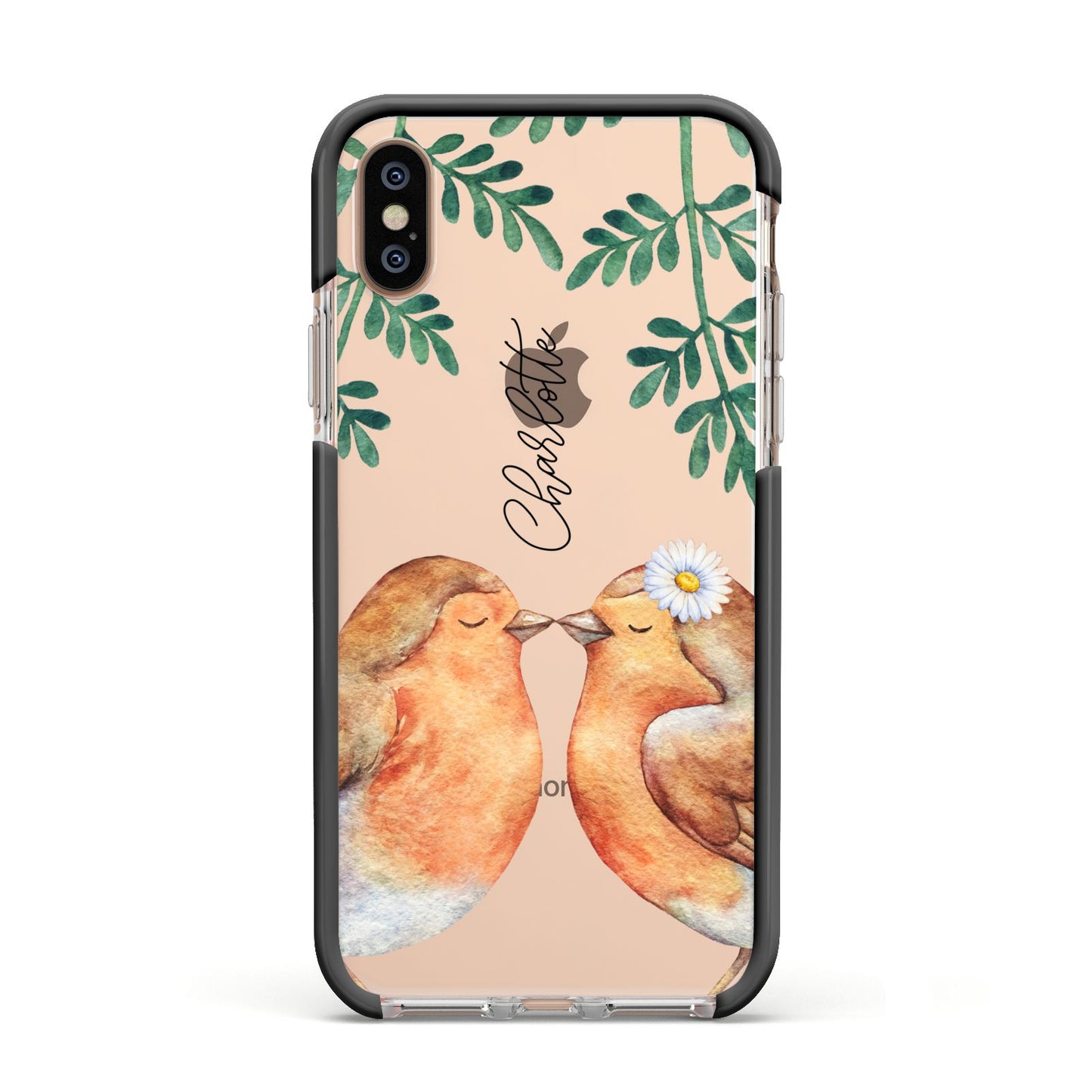 Personalised Pair of Robins Apple iPhone Xs Impact Case Black Edge on Gold Phone