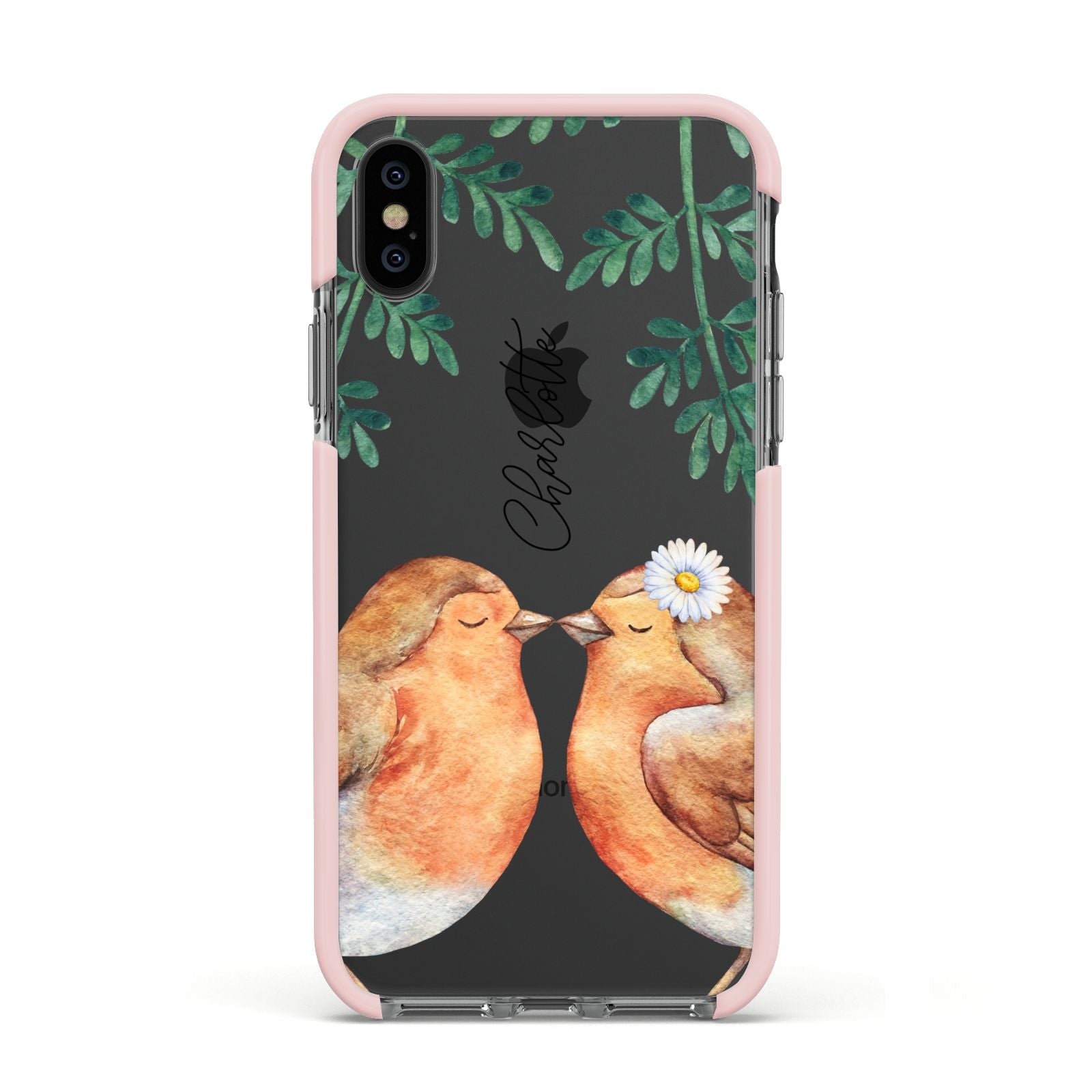 Personalised Pair of Robins Apple iPhone Xs Impact Case Pink Edge on Black Phone