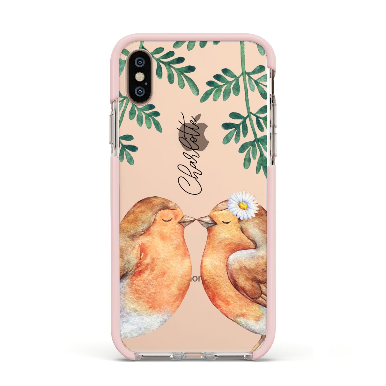 Personalised Pair of Robins Apple iPhone Xs Impact Case Pink Edge on Gold Phone