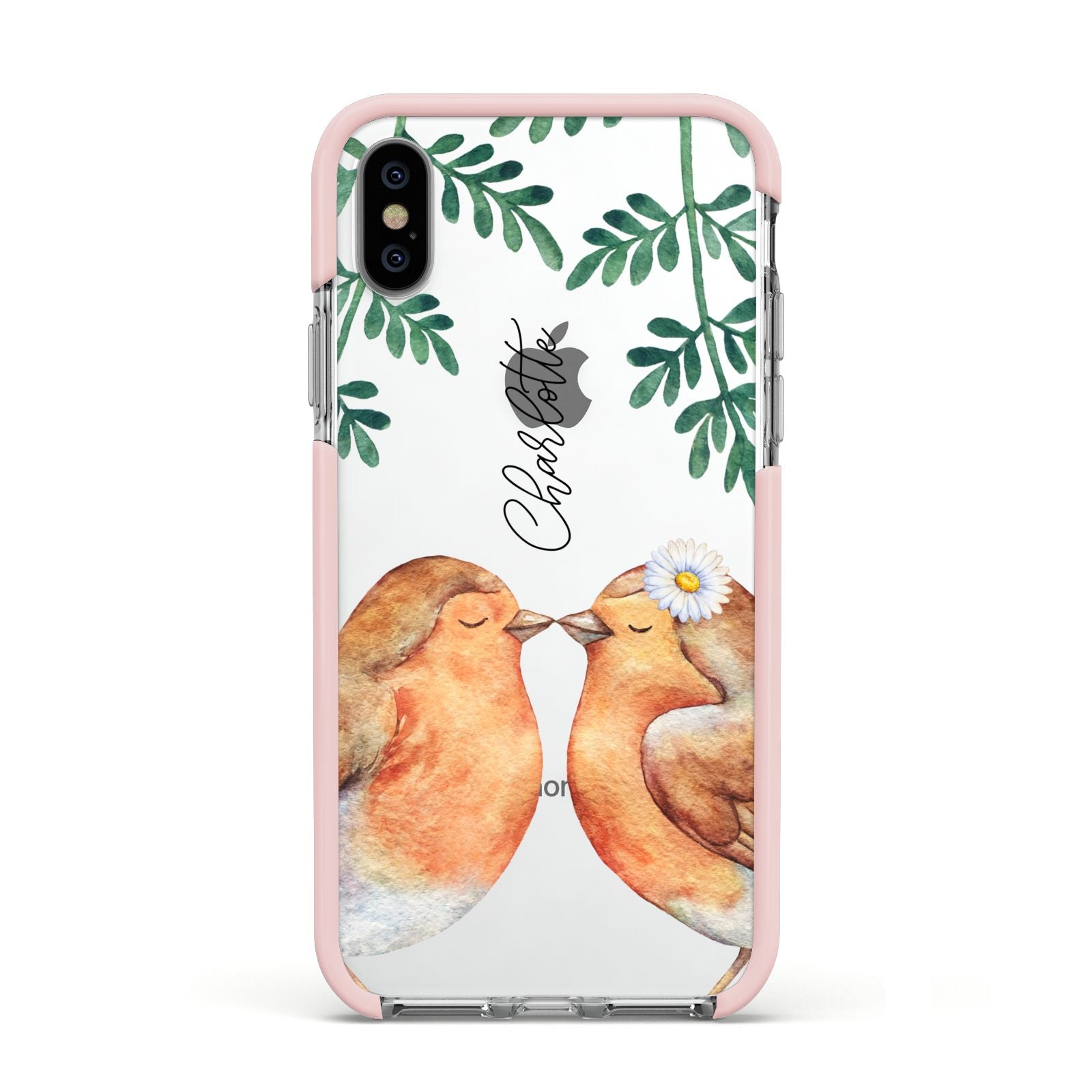 Personalised Pair of Robins Apple iPhone Xs Impact Case Pink Edge on Silver Phone