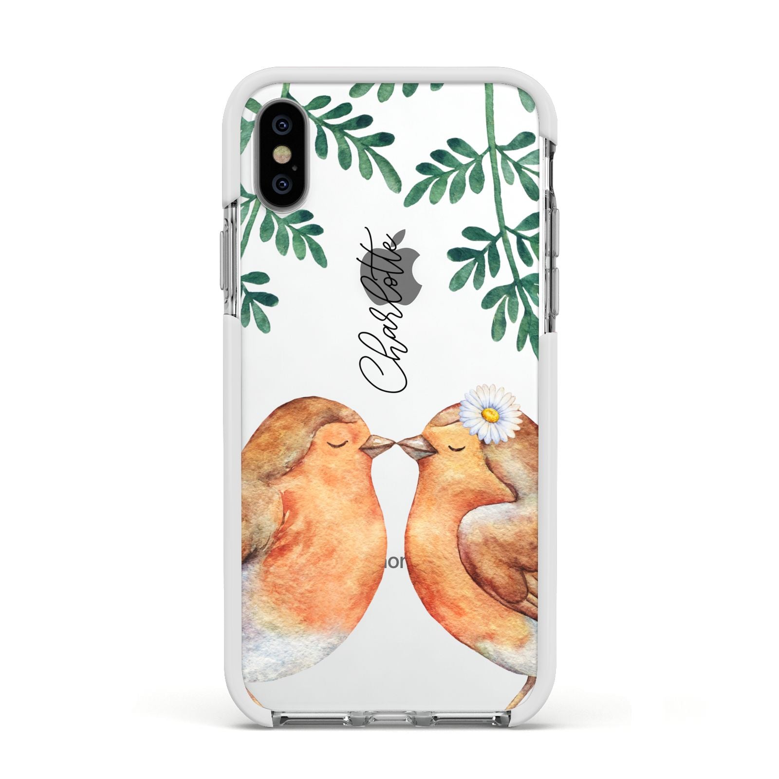 Personalised Pair of Robins Apple iPhone Xs Impact Case White Edge on Silver Phone