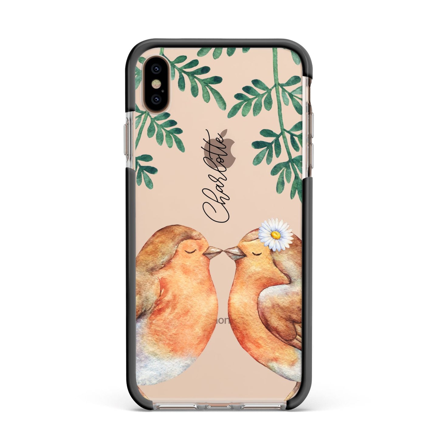 Personalised Pair of Robins Apple iPhone Xs Max Impact Case Black Edge on Gold Phone