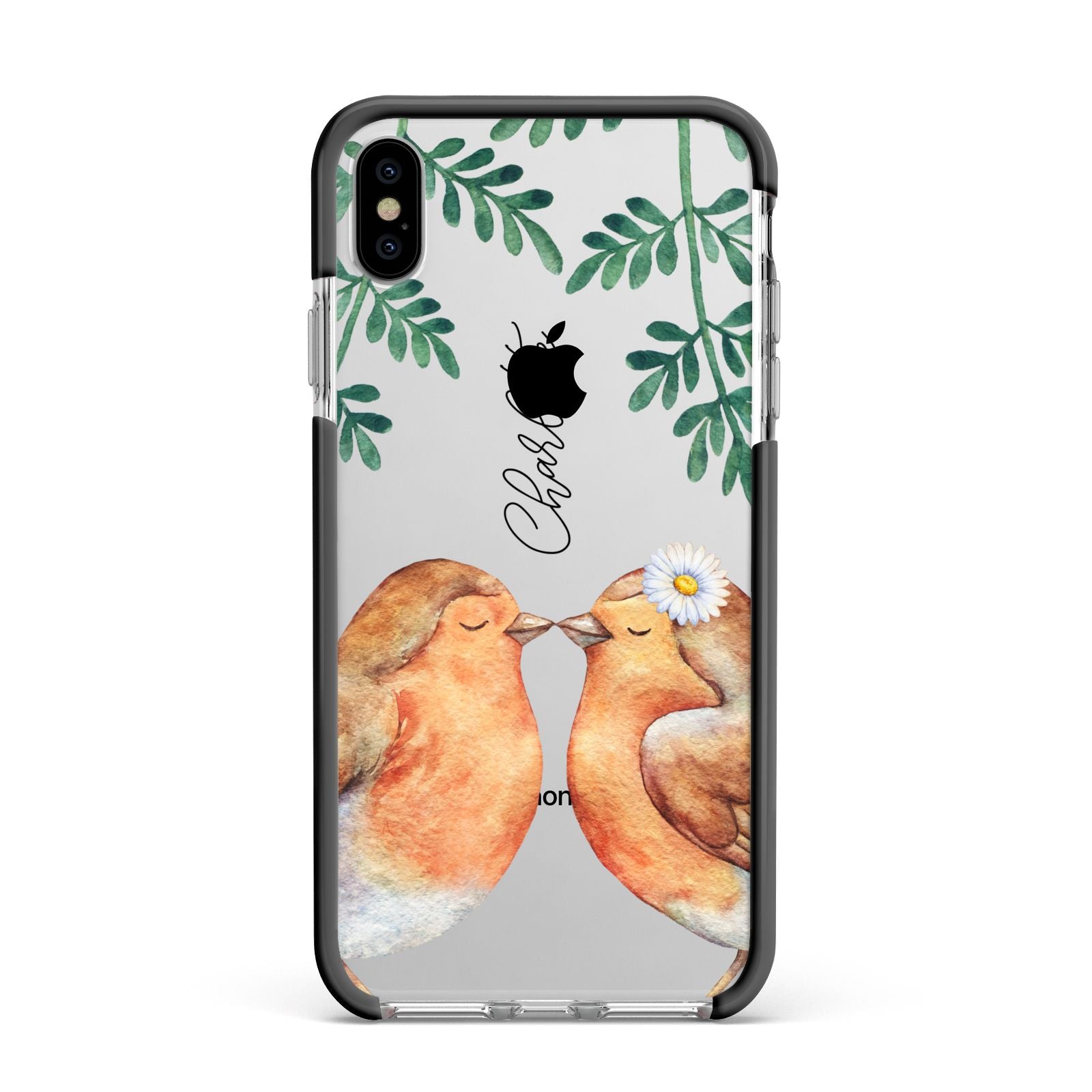 Personalised Pair of Robins Apple iPhone Xs Max Impact Case Black Edge on Silver Phone