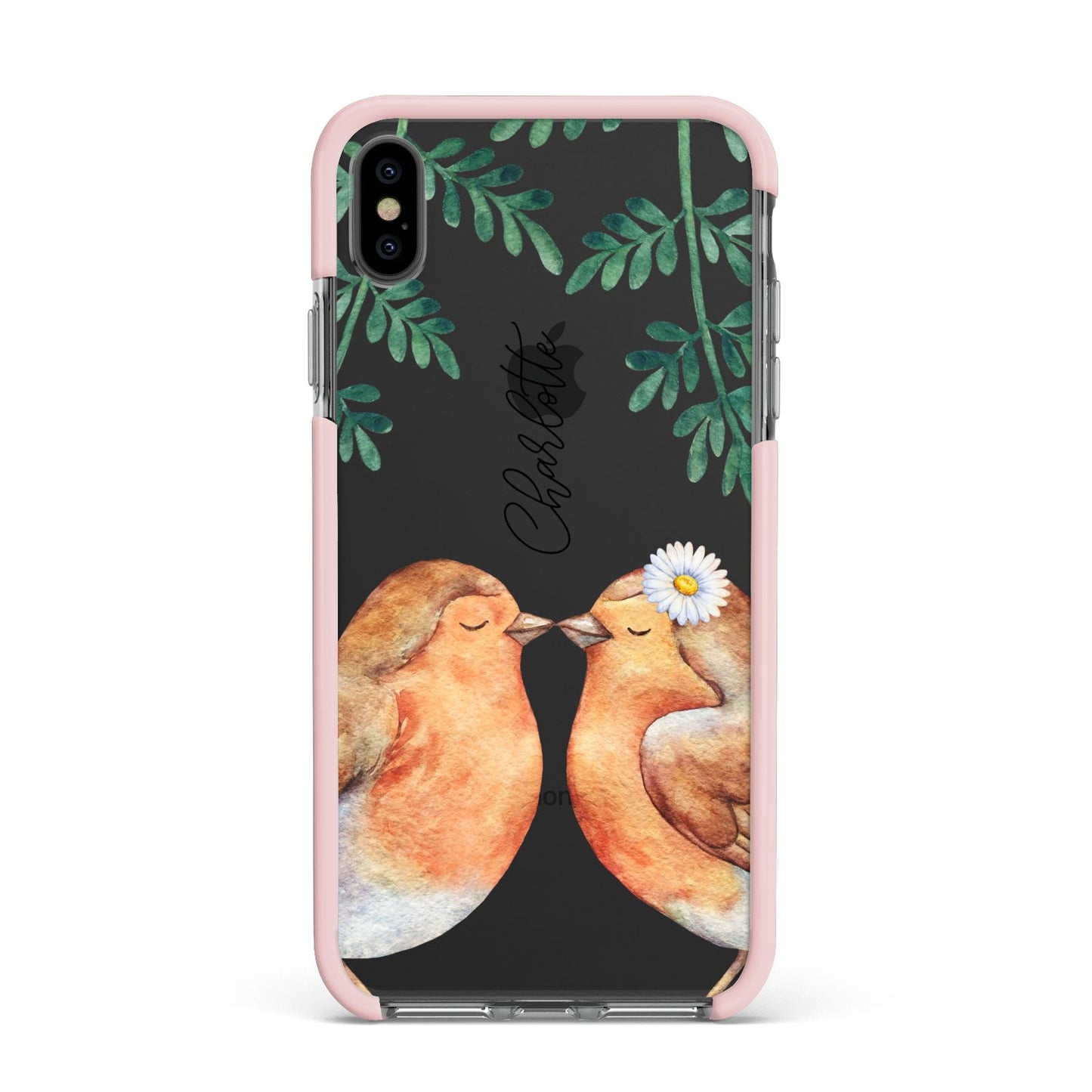 Personalised Pair of Robins Apple iPhone Xs Max Impact Case Pink Edge on Black Phone