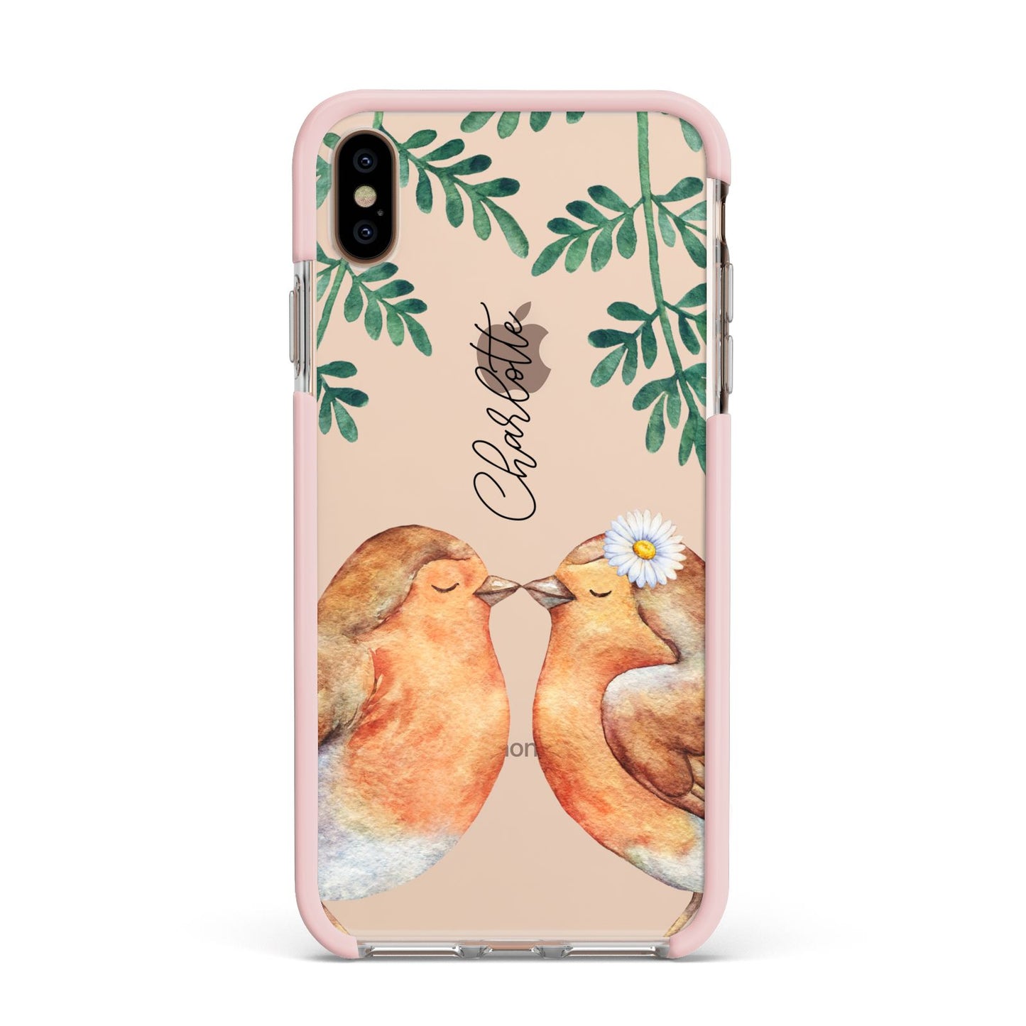 Personalised Pair of Robins Apple iPhone Xs Max Impact Case Pink Edge on Gold Phone
