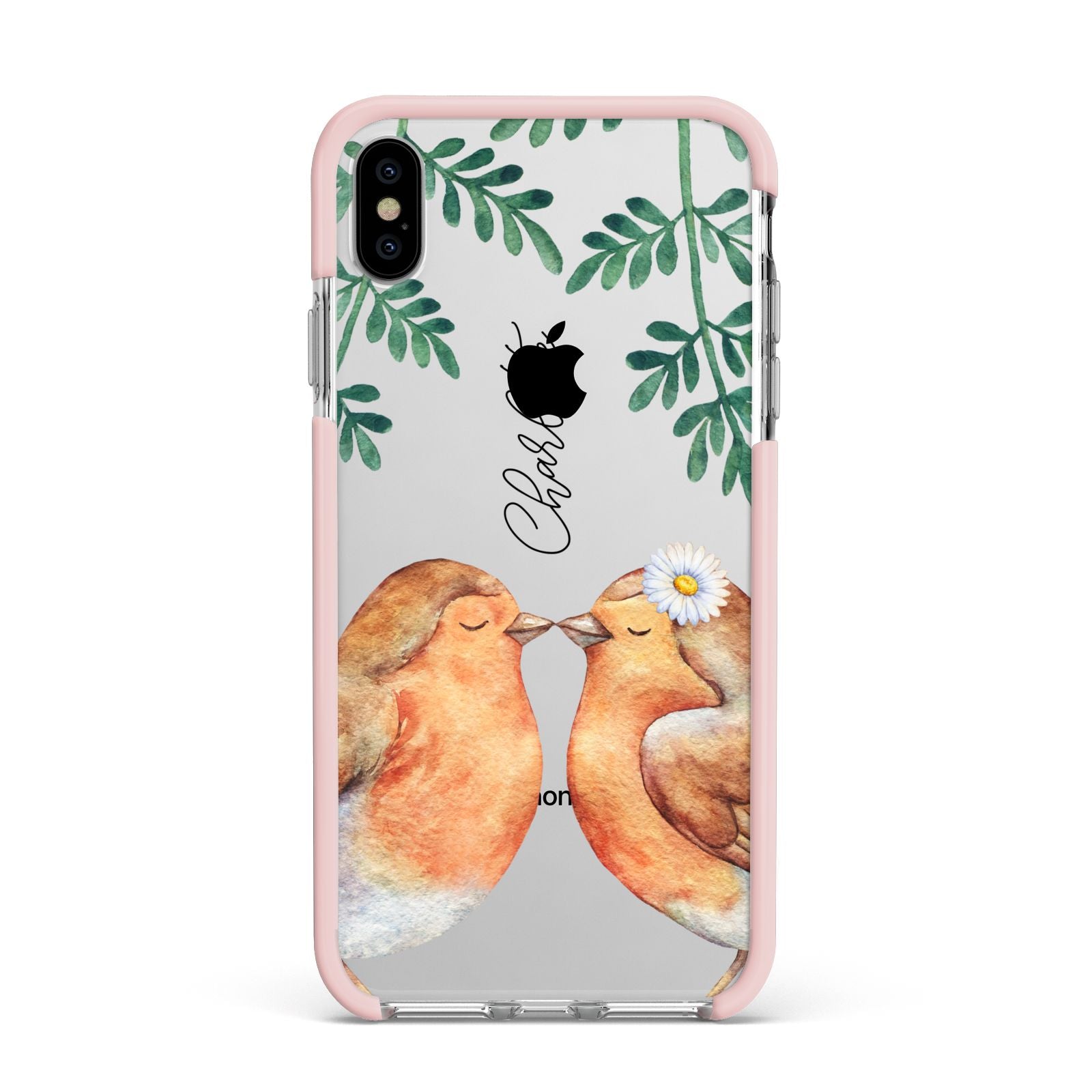 Personalised Pair of Robins Apple iPhone Xs Max Impact Case Pink Edge on Silver Phone