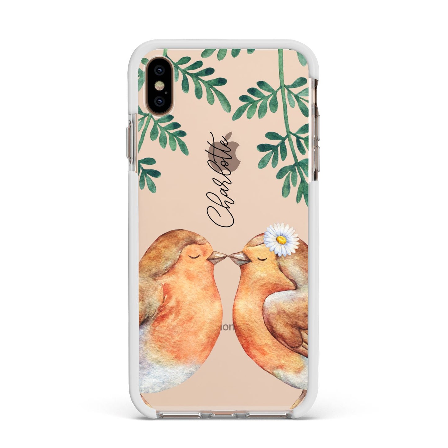 Personalised Pair of Robins Apple iPhone Xs Max Impact Case White Edge on Gold Phone