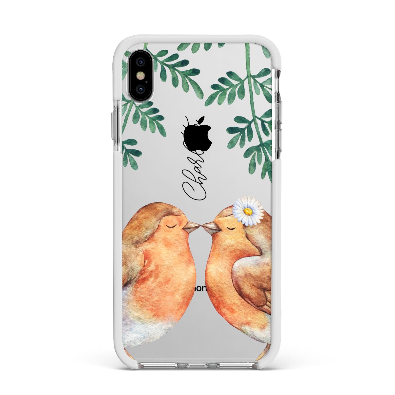 Personalised Pair of Robins Apple iPhone Xs Max Impact Case White Edge on Silver Phone