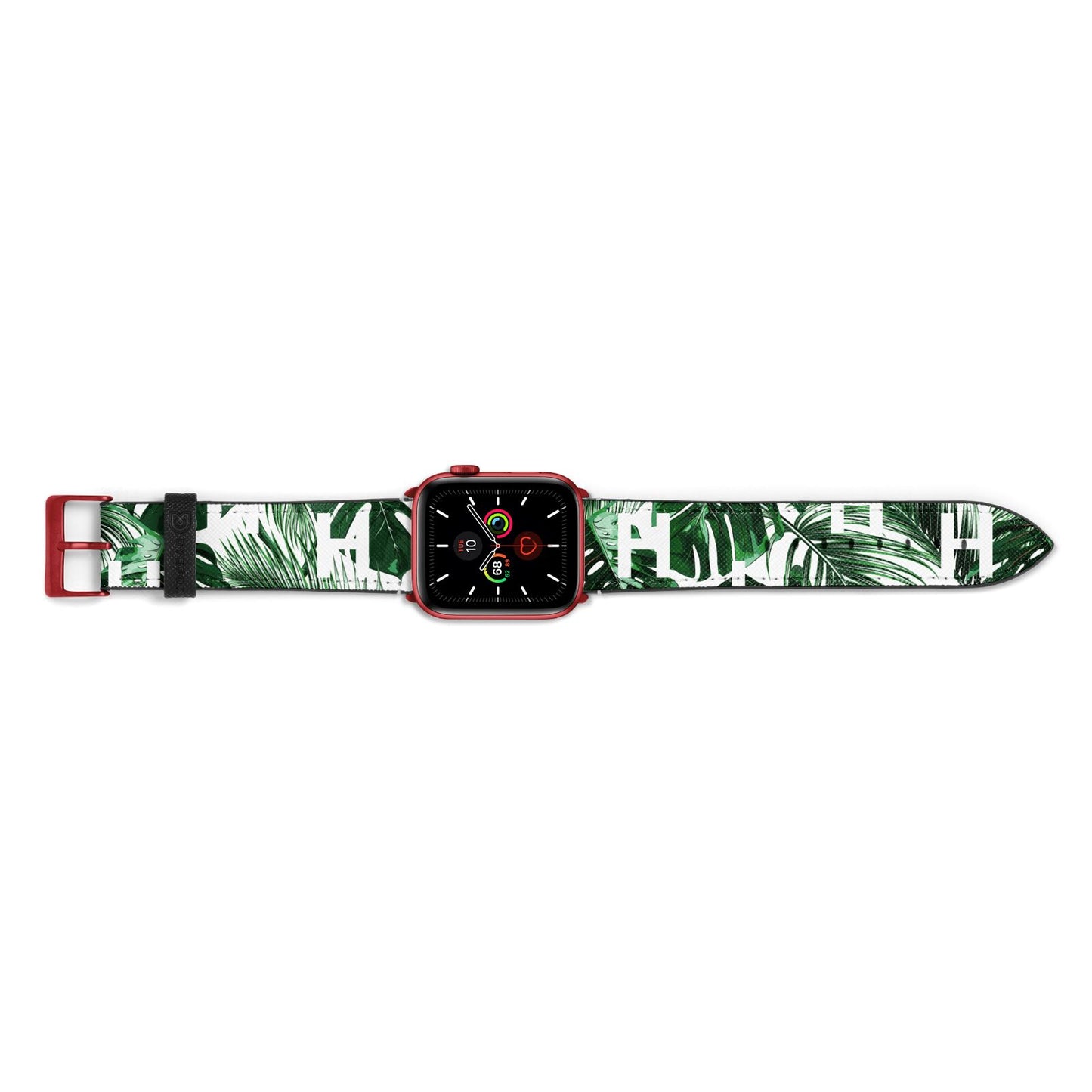 Personalised Palm Monstera Leaf Tropical Print Apple Watch Strap Landscape Image Red Hardware