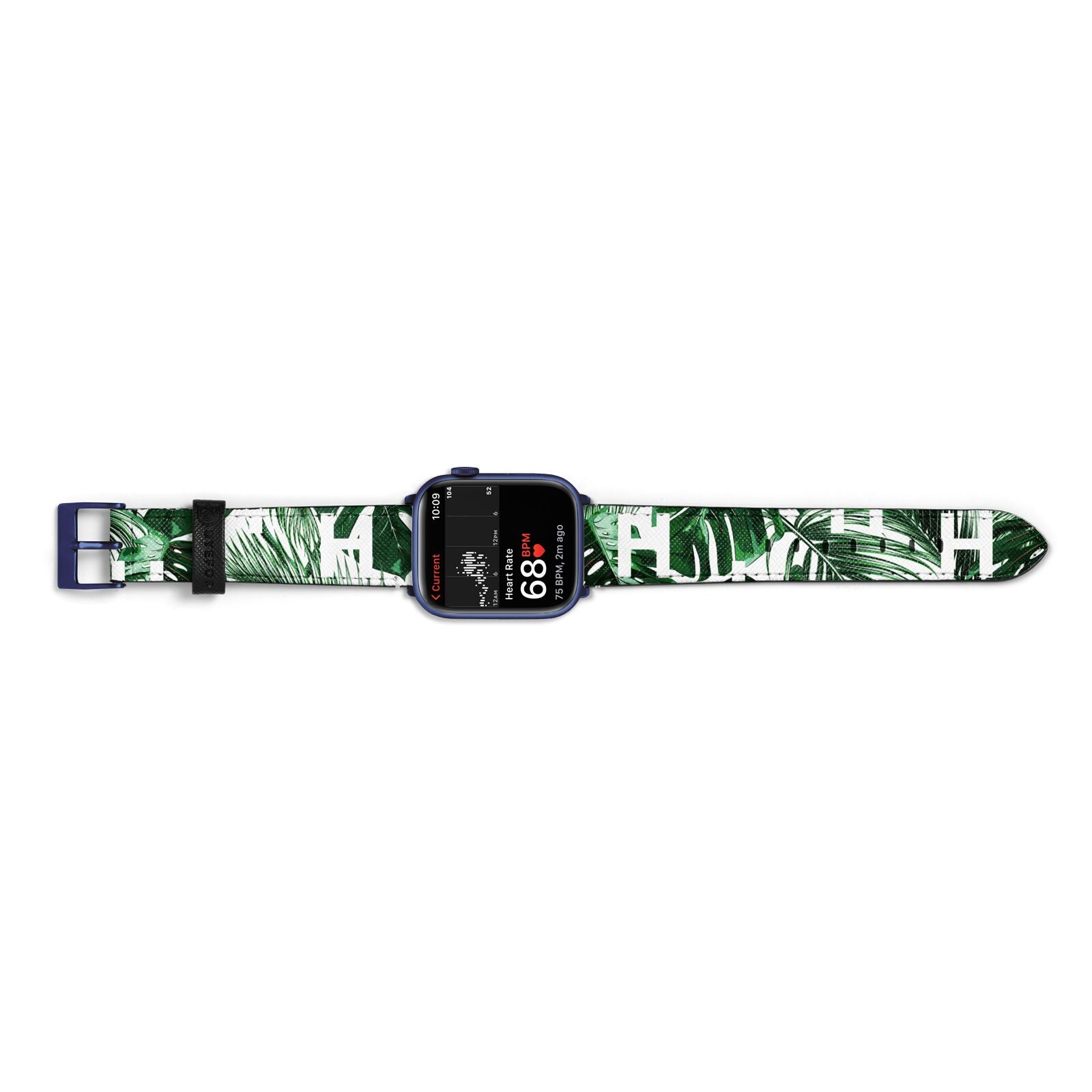 Personalised Palm Monstera Leaf Tropical Print Apple Watch Strap Size 38mm Landscape Image Blue Hardware