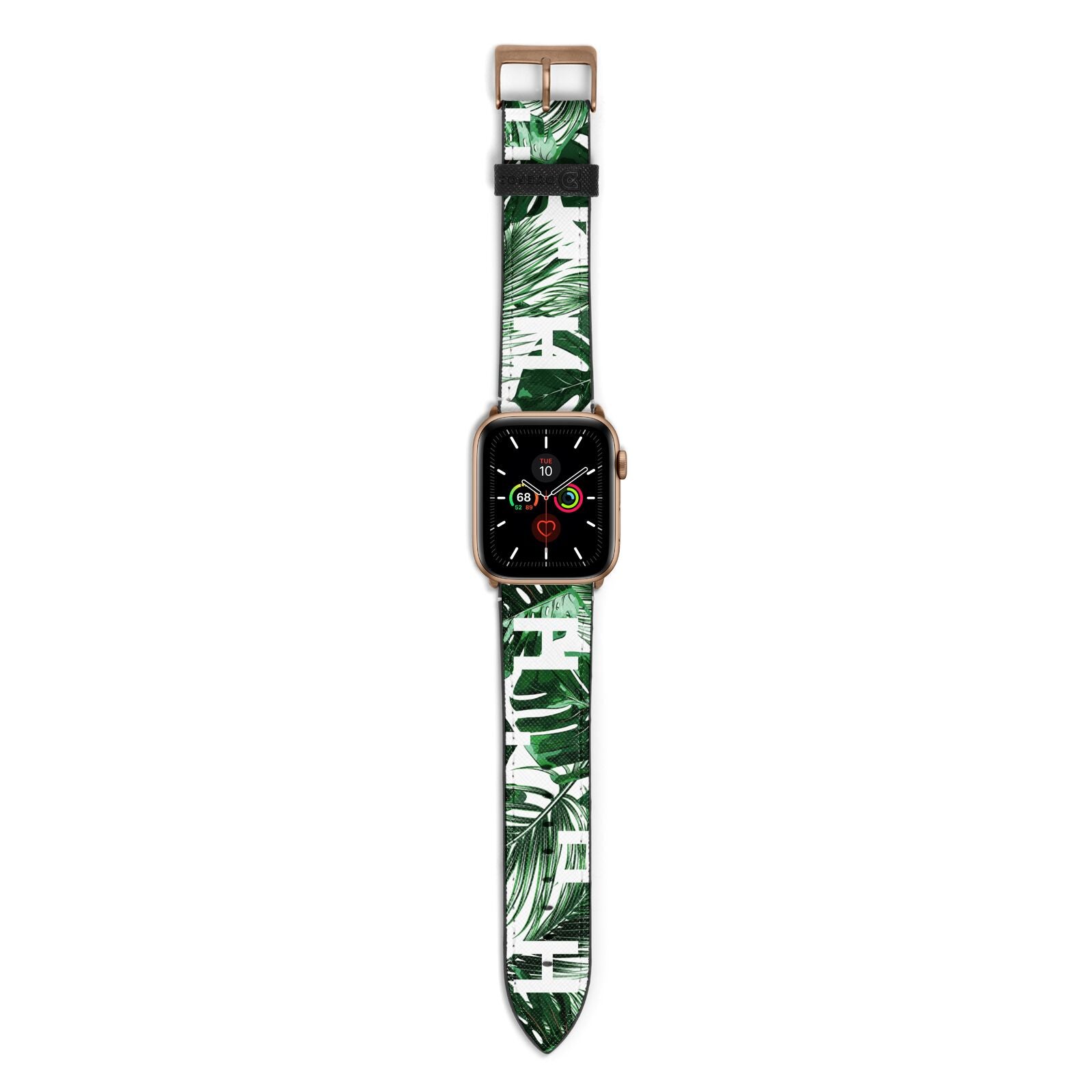 Personalised Palm Monstera Leaf Tropical Print Apple Watch Strap with Gold Hardware