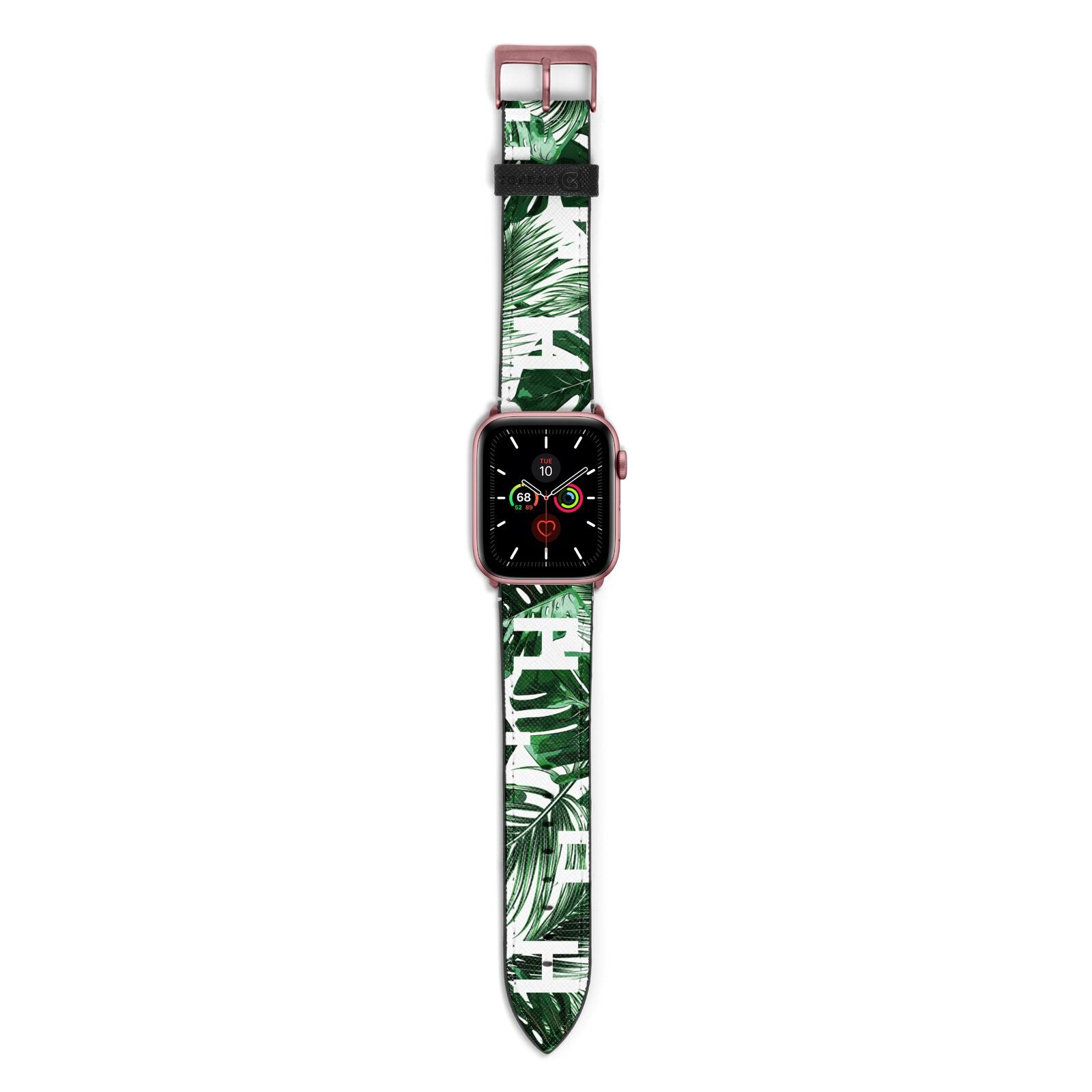 Personalised Palm Monstera Leaf Tropical Print Apple Watch Strap with Rose Gold Hardware