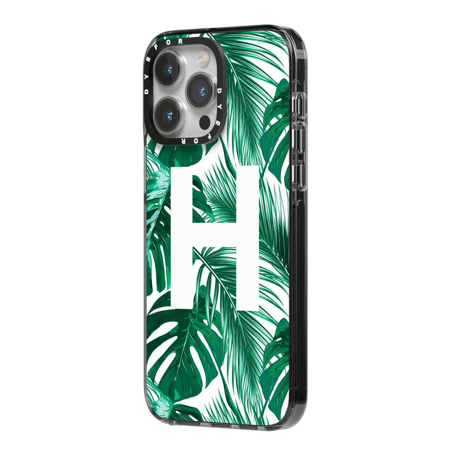 Personalised Palm Monstera Leaf Tropical Print iPhone 14 Pro Max Black Impact Case Side Angle on Silver phone