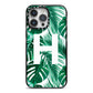 Personalised Palm Monstera Leaf Tropical Print iPhone 14 Pro Max Black Impact Case on Silver phone