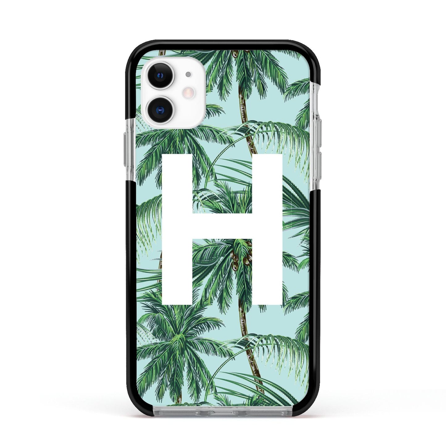 Personalised Palm Tree Tropical Apple iPhone 11 in White with Black Impact Case