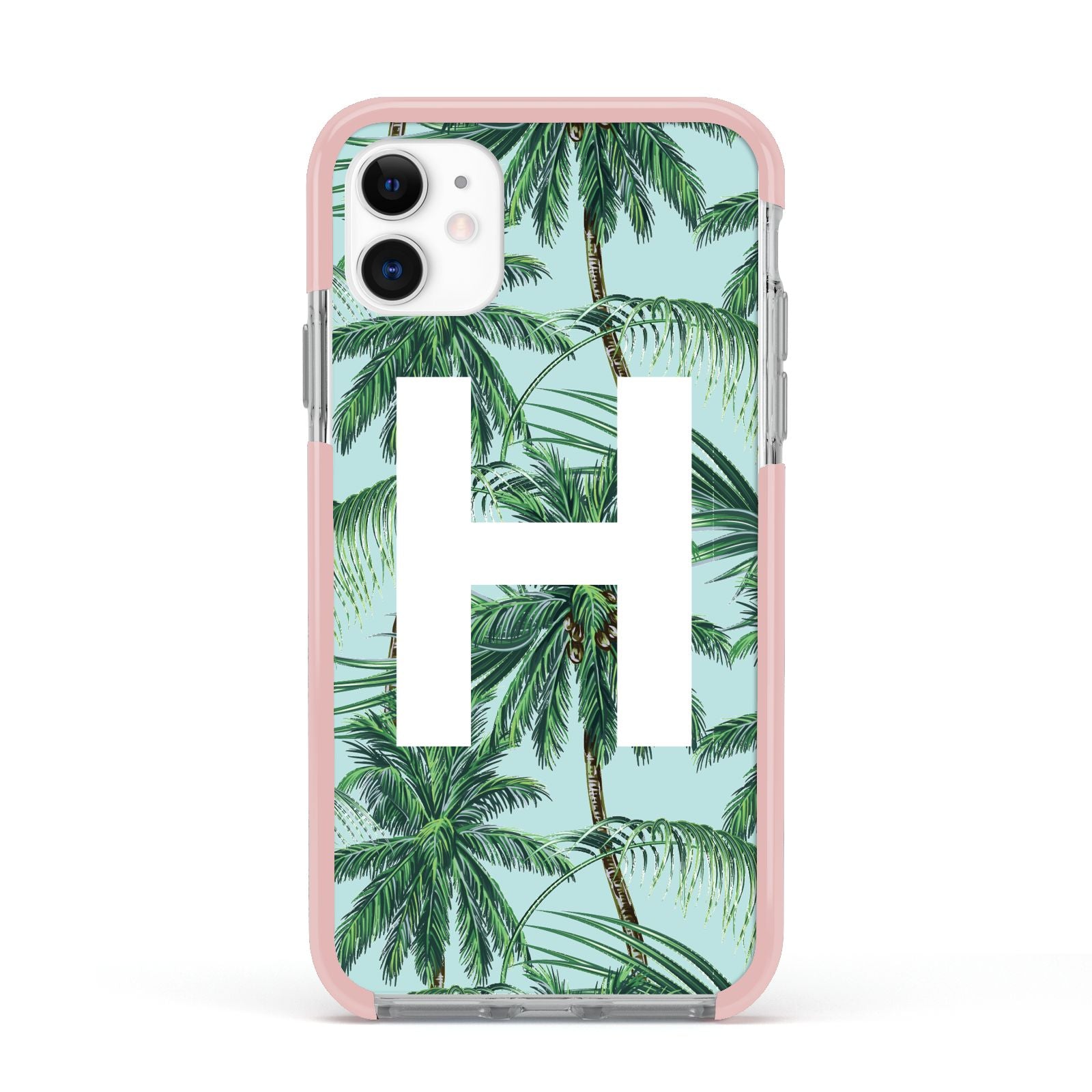 Personalised Palm Tree Tropical Apple iPhone 11 in White with Pink Impact Case