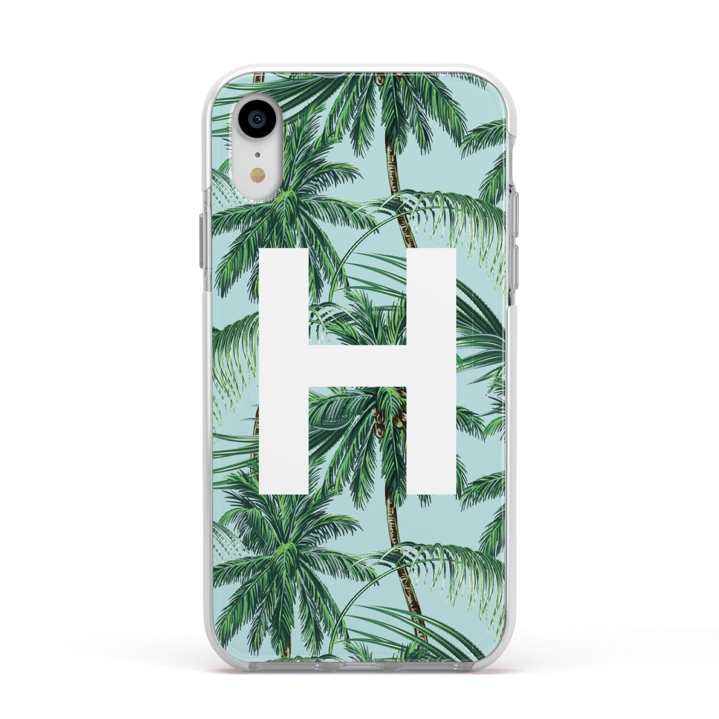 Personalised Palm Tree Tropical Apple iPhone XR Impact Case White Edge on Silver Phone