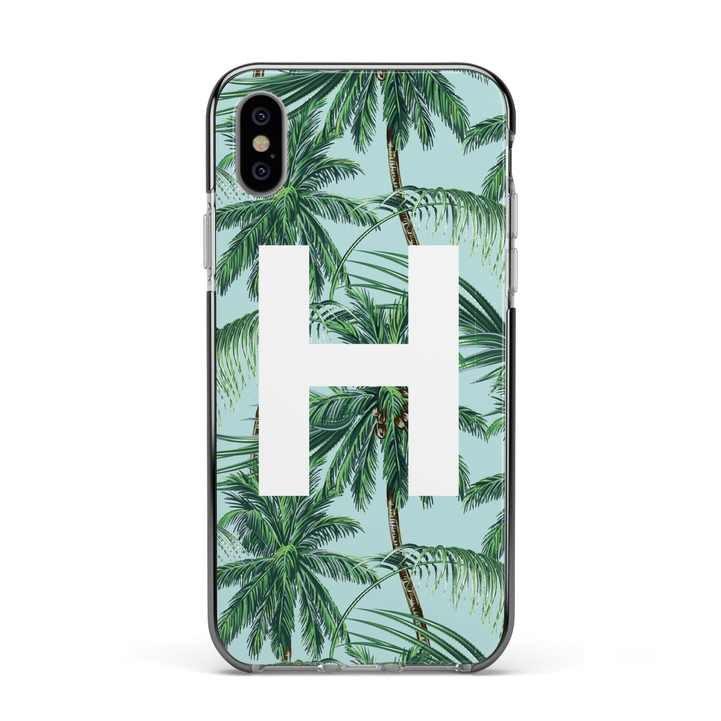 Personalised Palm Tree Tropical Apple iPhone Xs Impact Case Black Edge on Silver Phone