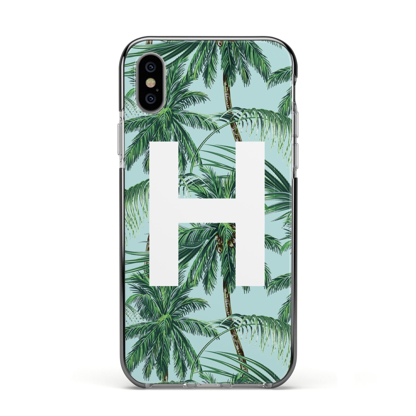 Personalised Palm Tree Tropical Apple iPhone Xs Impact Case Black Edge on Silver Phone