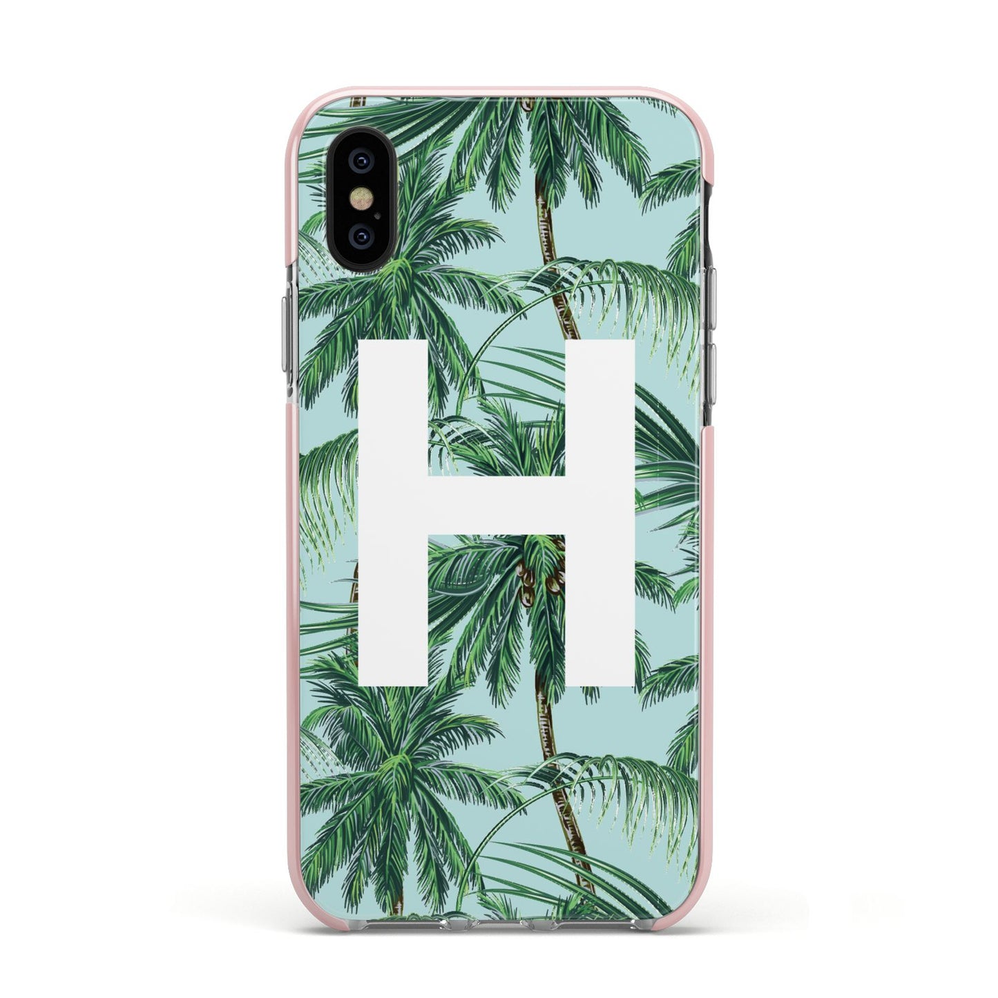 Personalised Palm Tree Tropical Apple iPhone Xs Impact Case Pink Edge on Black Phone