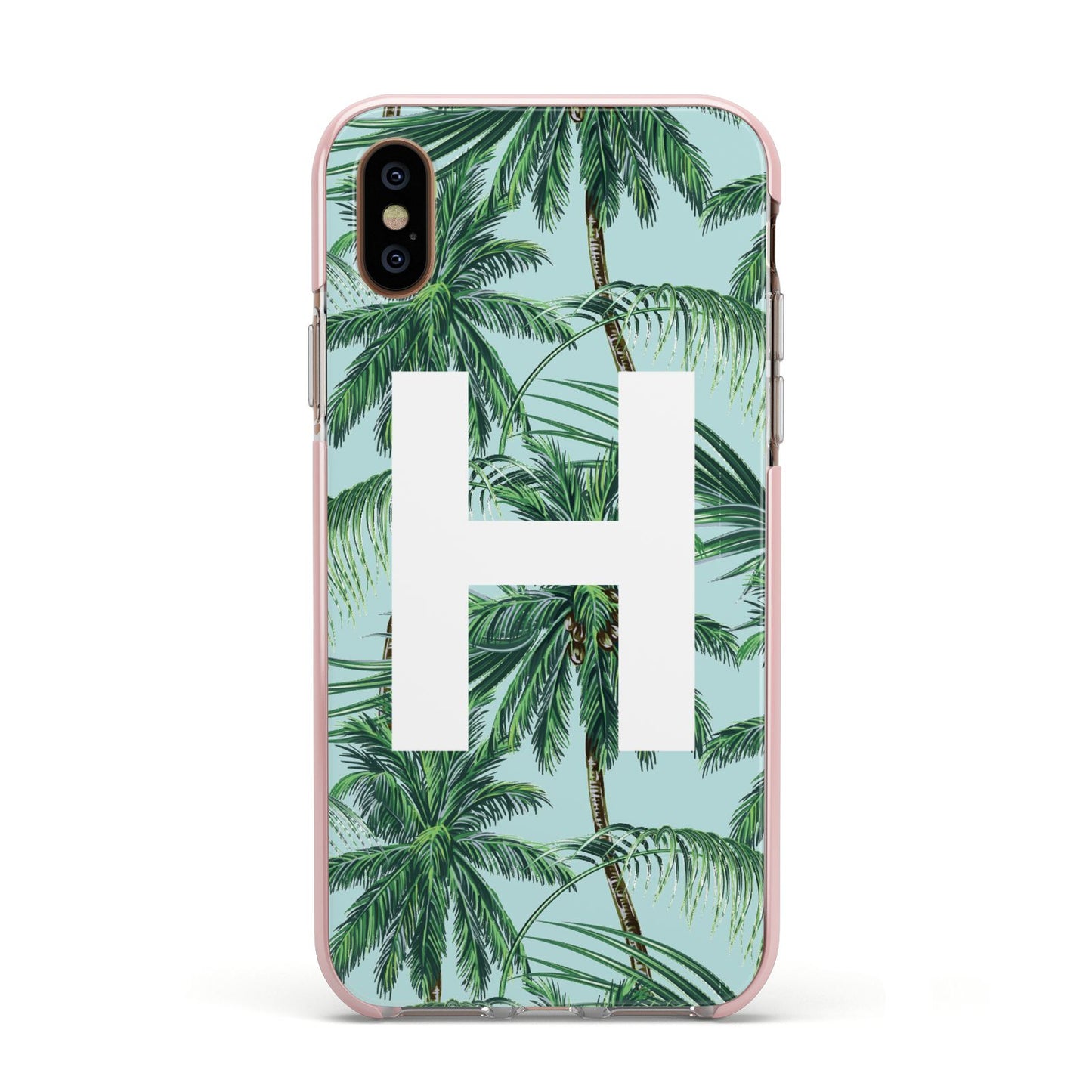 Personalised Palm Tree Tropical Apple iPhone Xs Impact Case Pink Edge on Gold Phone