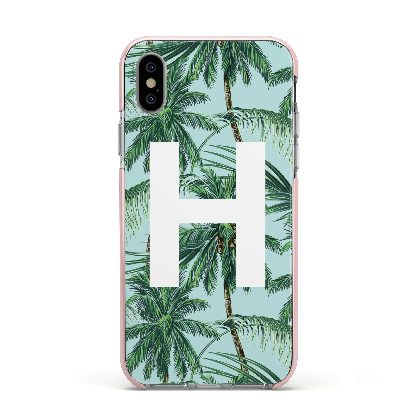 Personalised Palm Tree Tropical Apple iPhone Xs Impact Case Pink Edge on Silver Phone