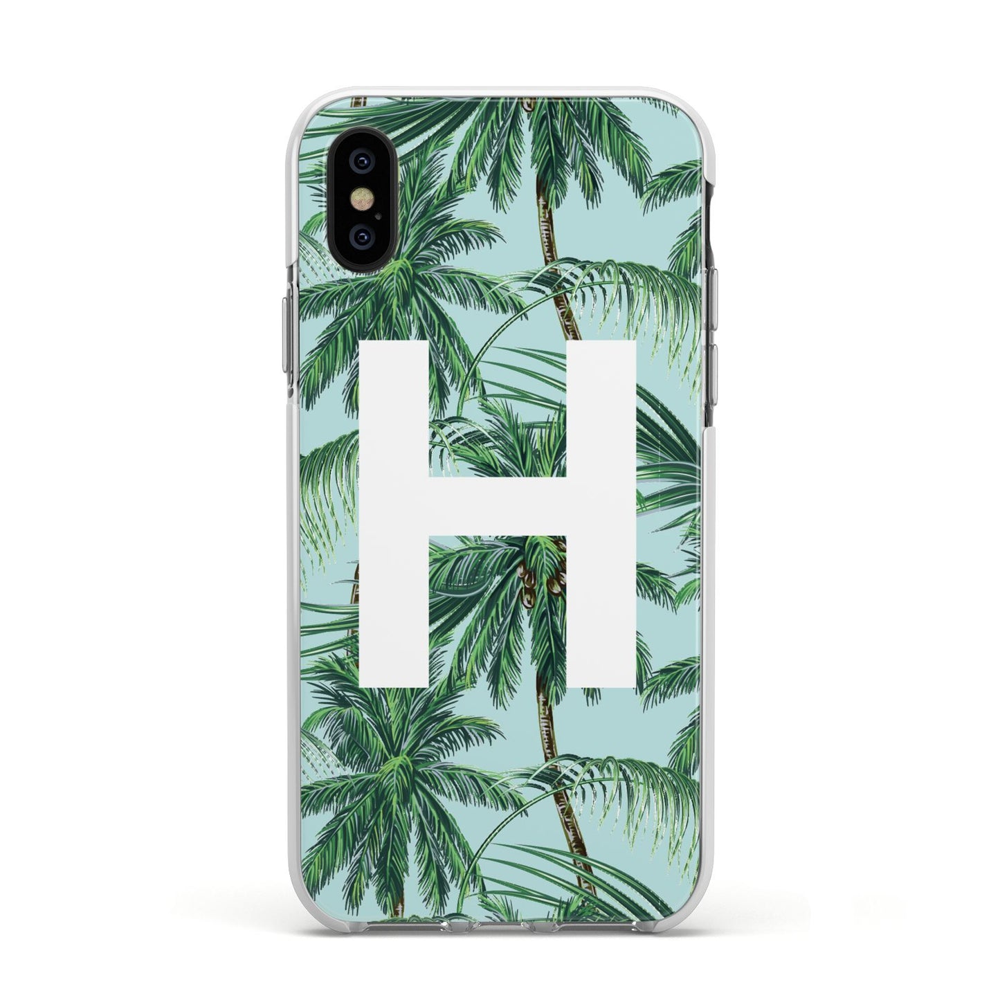 Personalised Palm Tree Tropical Apple iPhone Xs Impact Case White Edge on Black Phone