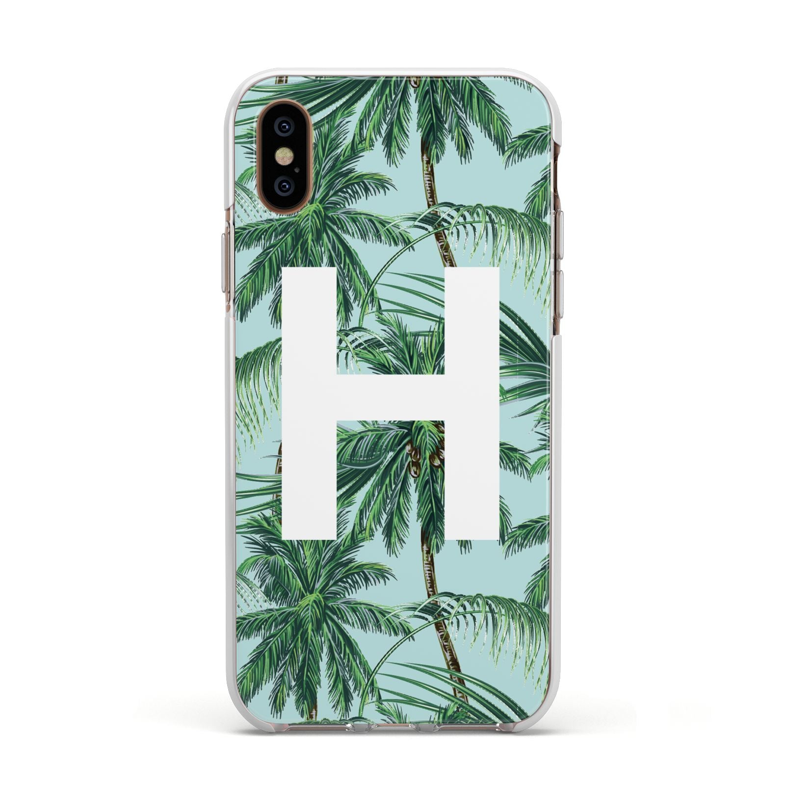 Personalised Palm Tree Tropical Apple iPhone Xs Impact Case White Edge on Gold Phone