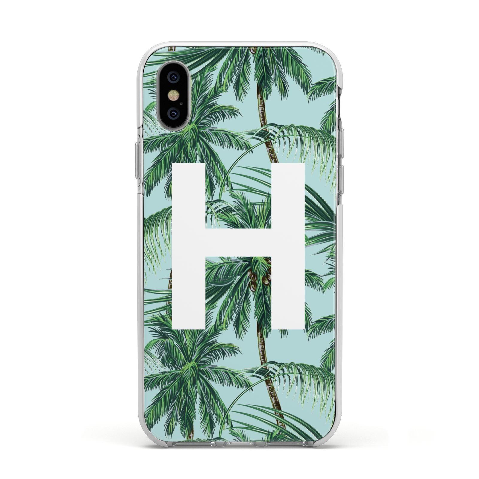 Personalised Palm Tree Tropical Apple iPhone Xs Impact Case White Edge on Silver Phone