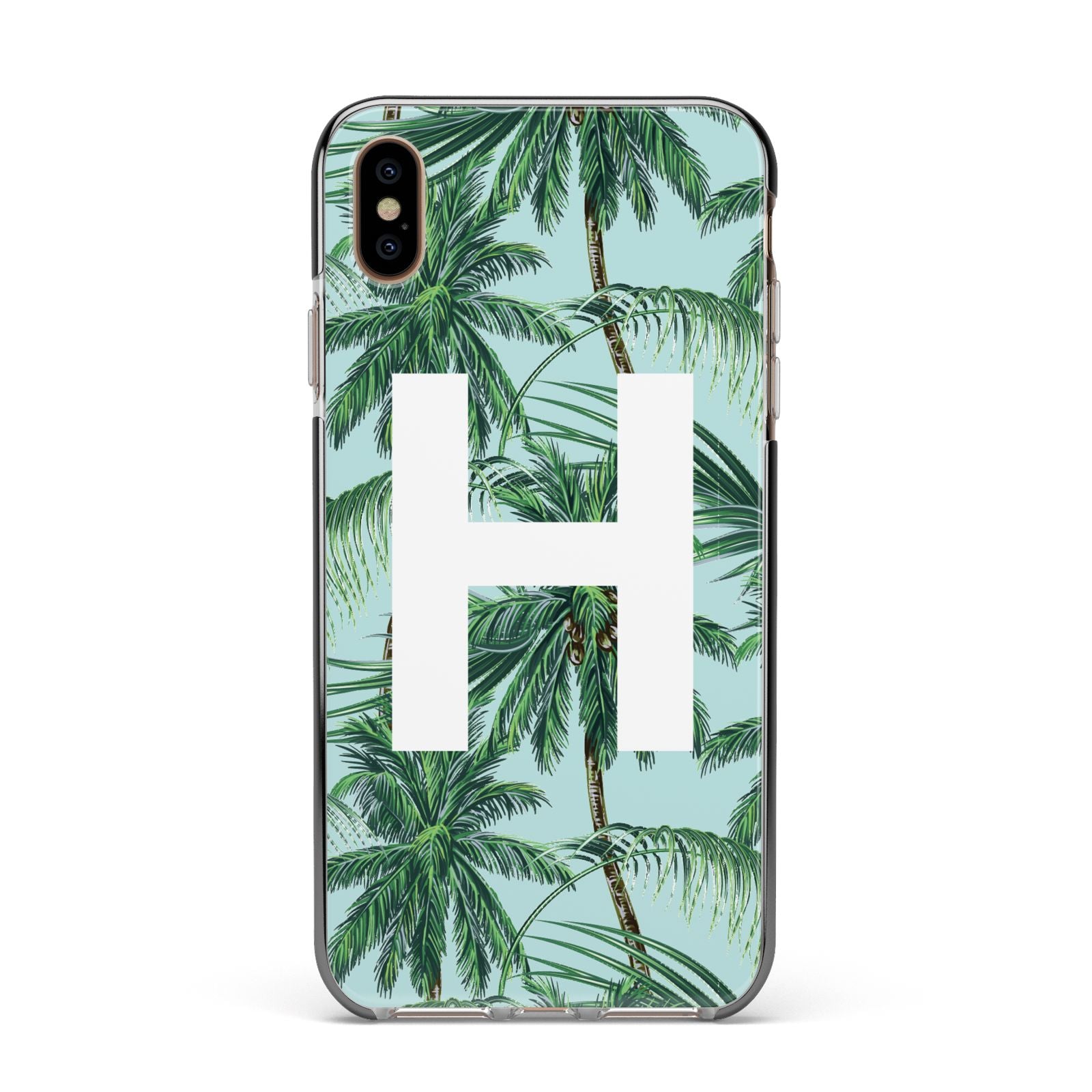 Personalised Palm Tree Tropical Apple iPhone Xs Max Impact Case Black Edge on Gold Phone