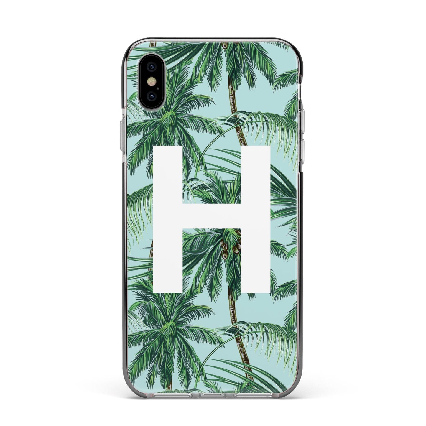 Personalised Palm Tree Tropical Apple iPhone Xs Max Impact Case Black Edge on Silver Phone