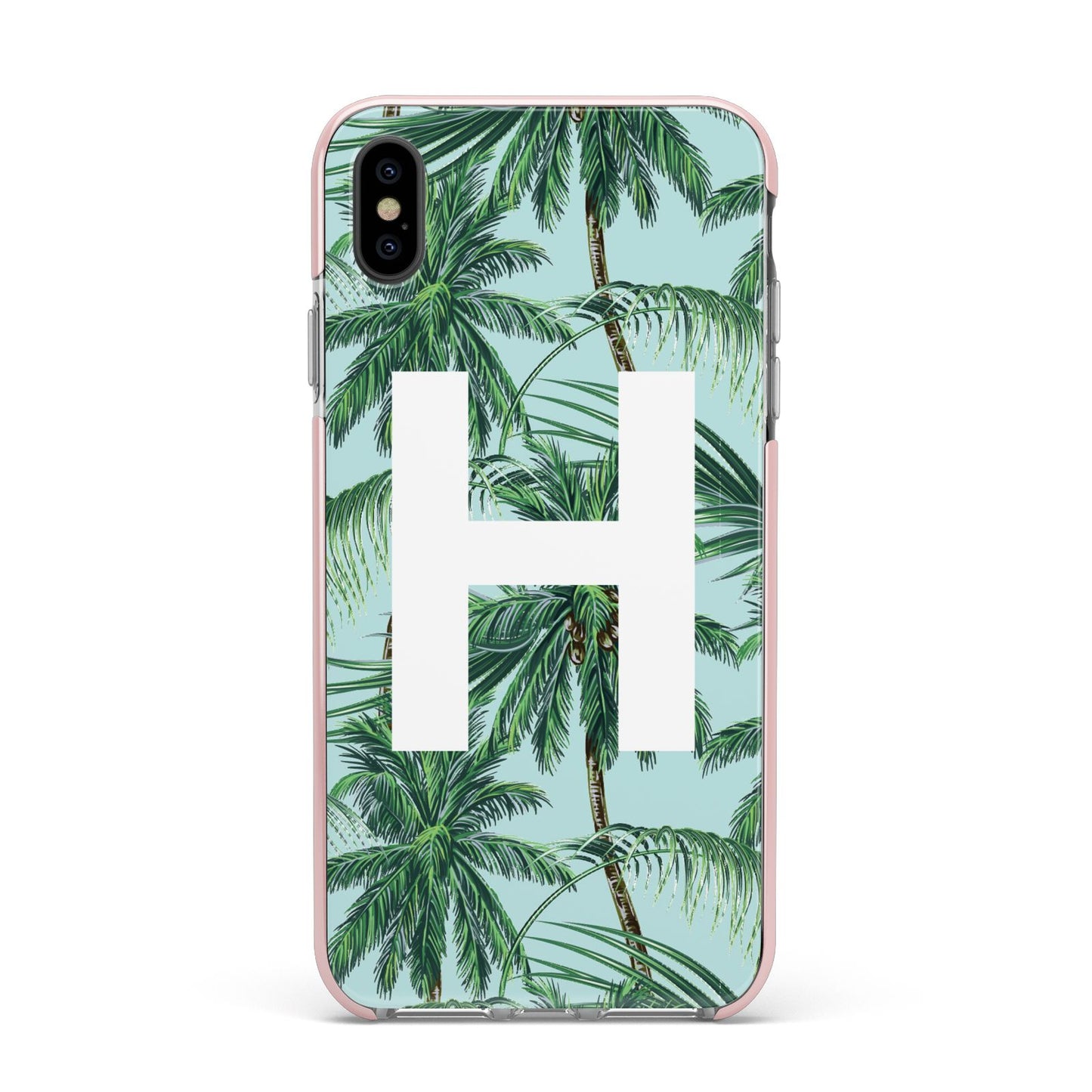 Personalised Palm Tree Tropical Apple iPhone Xs Max Impact Case Pink Edge on Black Phone